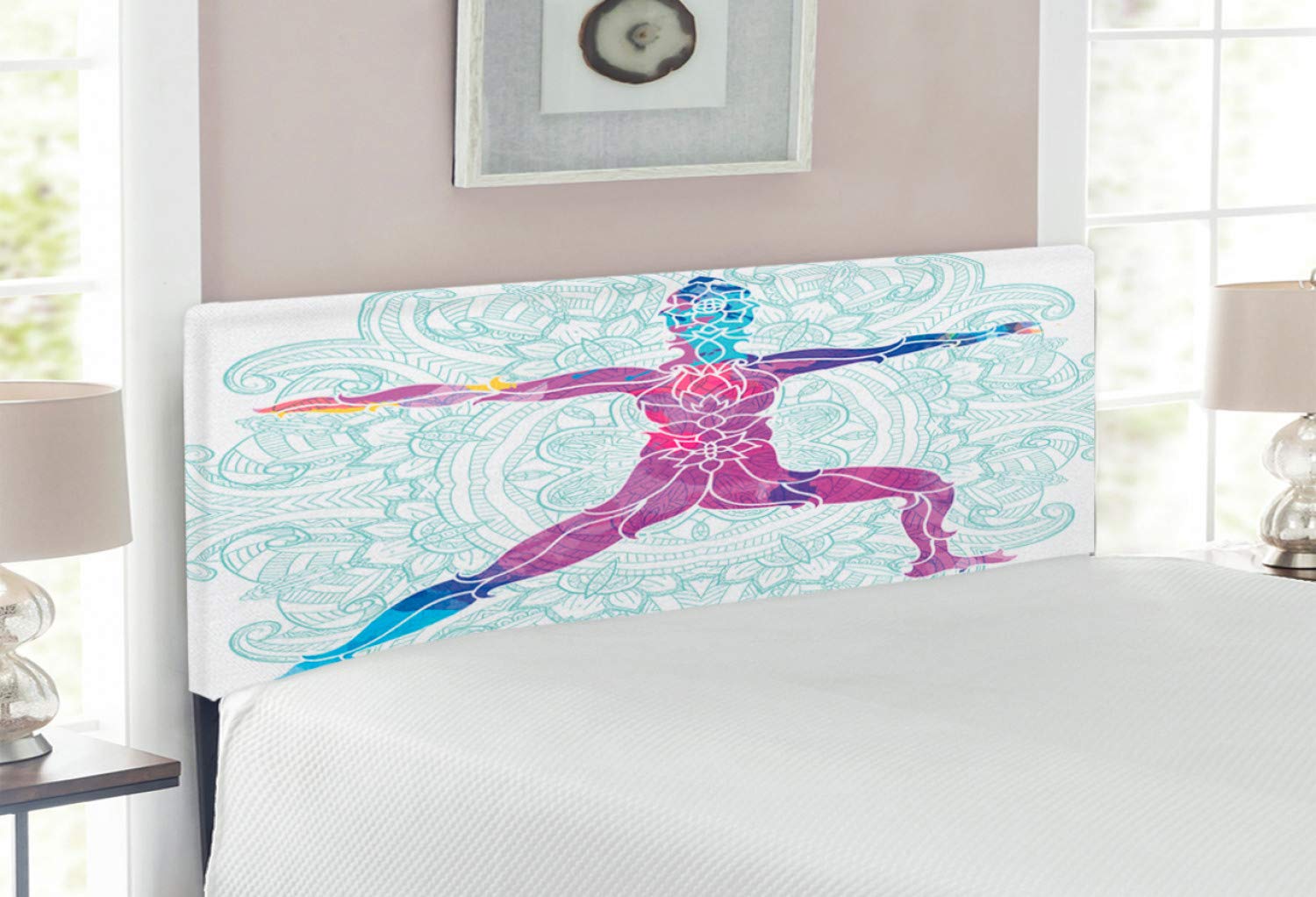 Ambesonne Boho Art Print Headboard - Full Size Upholstered Metal Bed Frame with Memory Foam, Colorful Yoga Warrior Girl & Lotus Flower Design in Purple & Blue | Perfect for Bohemian Bedrooms, Meditation Spaces & Yoga Lovers