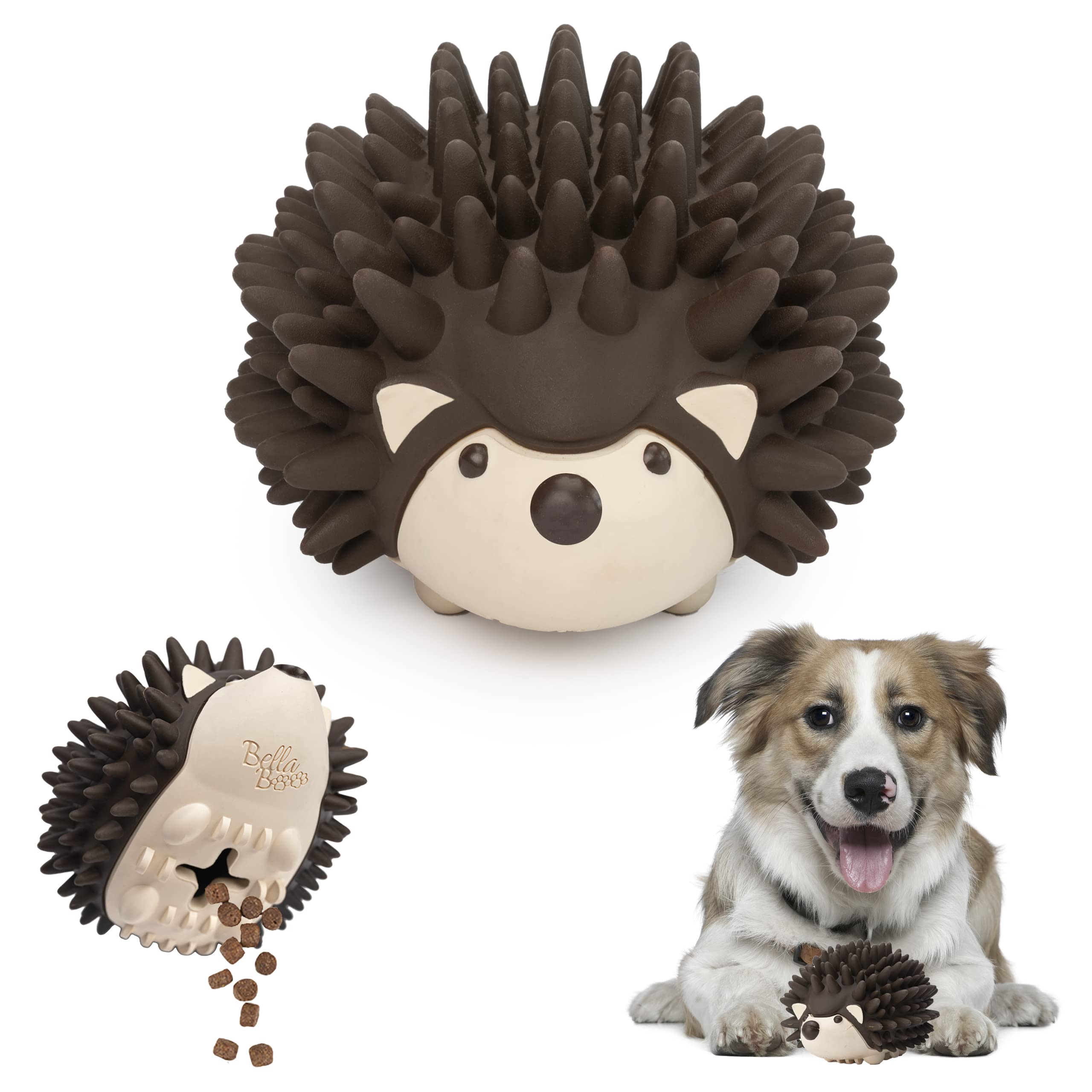 Bella Boo Pets Interactive Dog Toy for Strong Chewers - Durable Freddy The Hedgehog Treat Ball, Slow Feeder & Dental Chew Toy for Medium & Large Breed Dogs - Mental Stimulation & Teeth Cleaning - Perfect for Puzzle Play & Mealtime Fun (Brown)