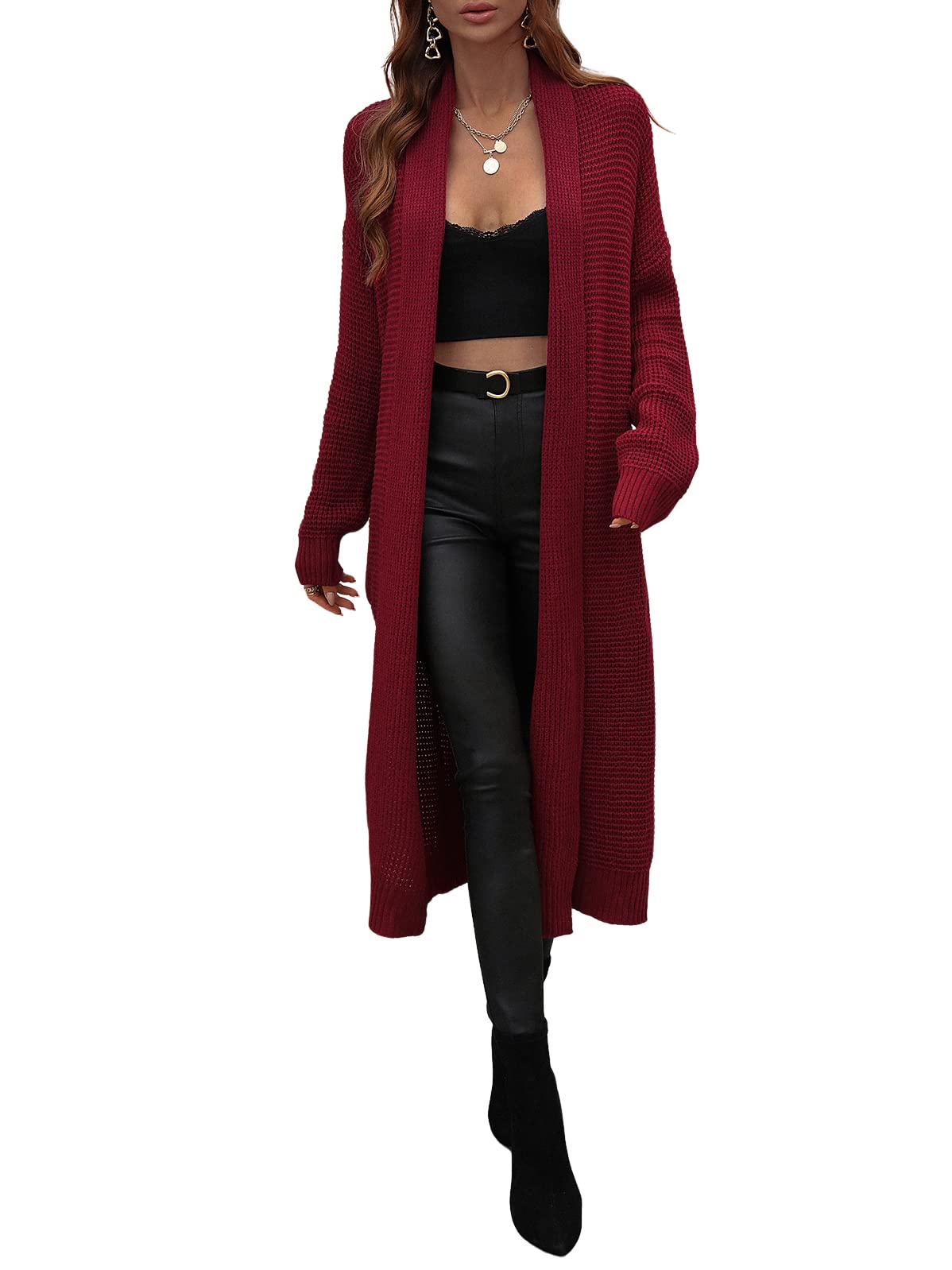 CHARTOU Women's Lightweight Long Waffle Knit Shawl Collar Open Front Duster Cardigan Sweater - Cozy Fall & Winter Layering Piece for Office, Travel and Casual Outfits