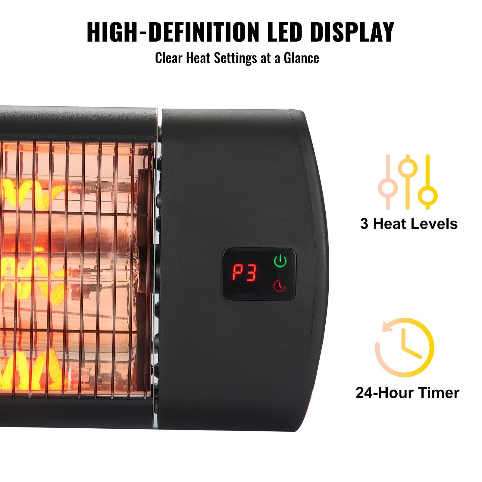 VEVOR 1500W Infrared Heater with Remote Control - 3 Speed Electric Space Heater with LED Display, Timer & Stand - Ceiling/Wall Mountable Patio Heater for Outdoor/Indoor Use - Perfect for Porch, Dining Room, Studio, Garage & Office Warming
