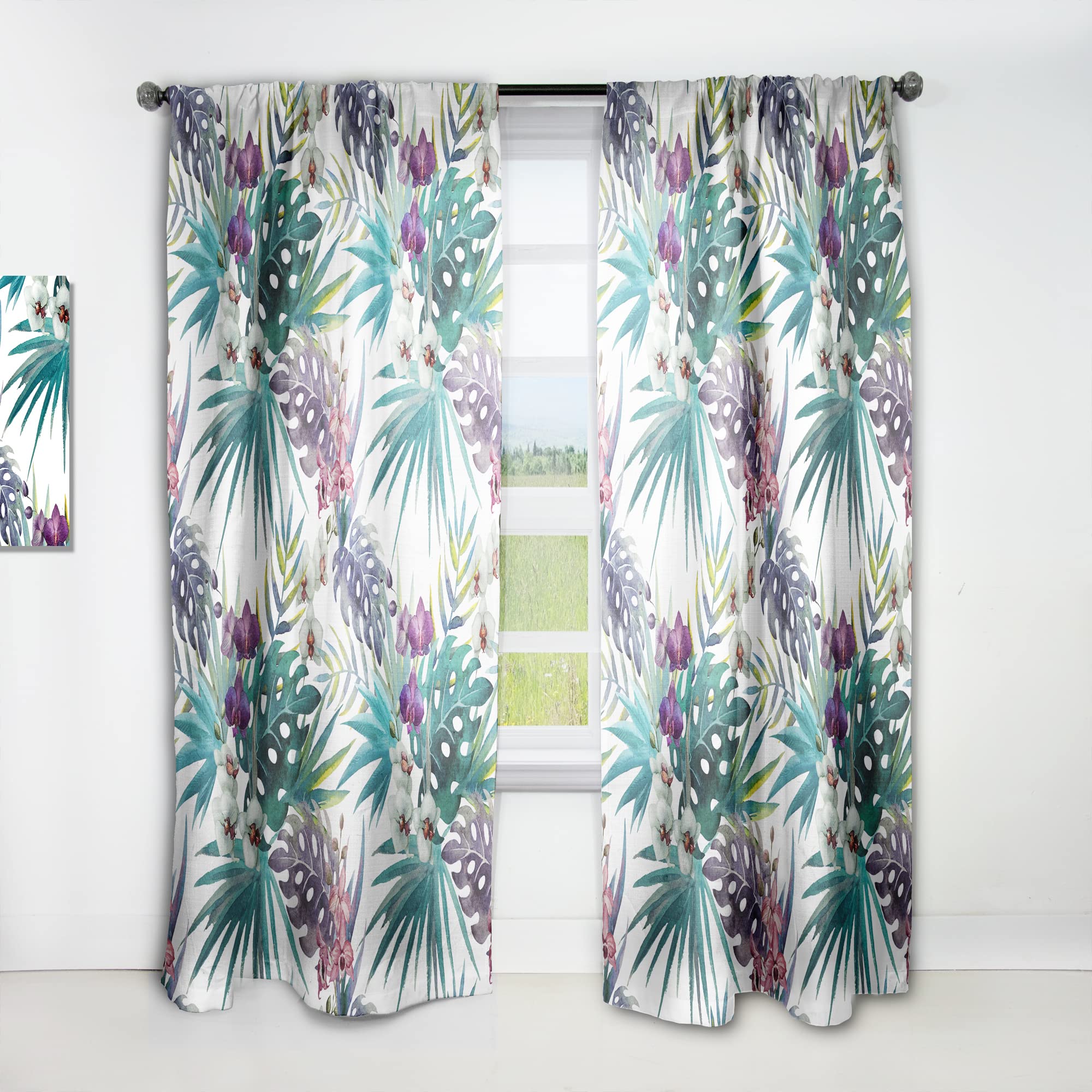 DesignQ Thermal Insulated Curtains - Watercolor Orchid Hibiscus Leaves Tropical Pattern - 52x120 Inch Single Panel for Bedroom & Living Room | Perfect for Home Decor, Privacy & Temperature Control