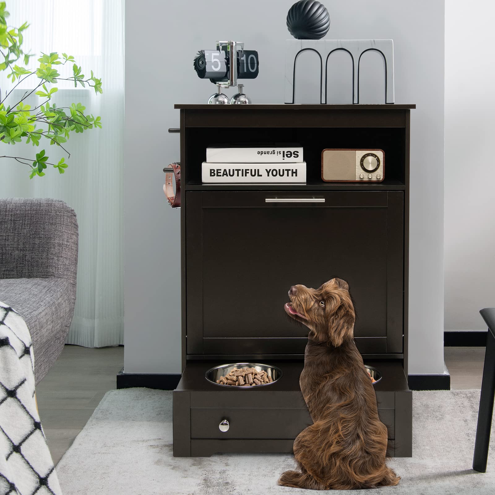 PETSITE Large Pet Feeder Station - Dog Food Storage Cabinet with Stainless Steel Double Pull-Out Raised Bowls for Feeding & Watering Supplies, Pet Toy Organizer (Brown) - Perfect for Kitchen, Laundry Room or Garage Pet Feeding Station