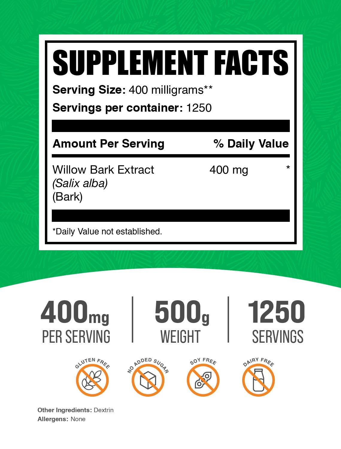White Willow Bark Extract Powder 500g (1.1 lbs) - Natural Herbal Supplement, 400mg per Serving, Gluten Free - Supports Joint Comfort & Headache Relief - Ideal for Tea, Capsules & DIY Natural Remedies