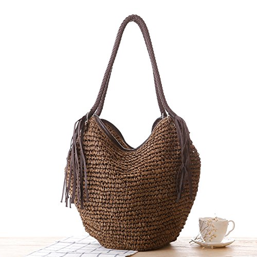 Women's Straw Shoulder Bag - Summer Beach Tote with Tassels, Cotton Lining & Top Handle - Casual Shopper Handbag for Beach, Picnic, Travel & Daily Use