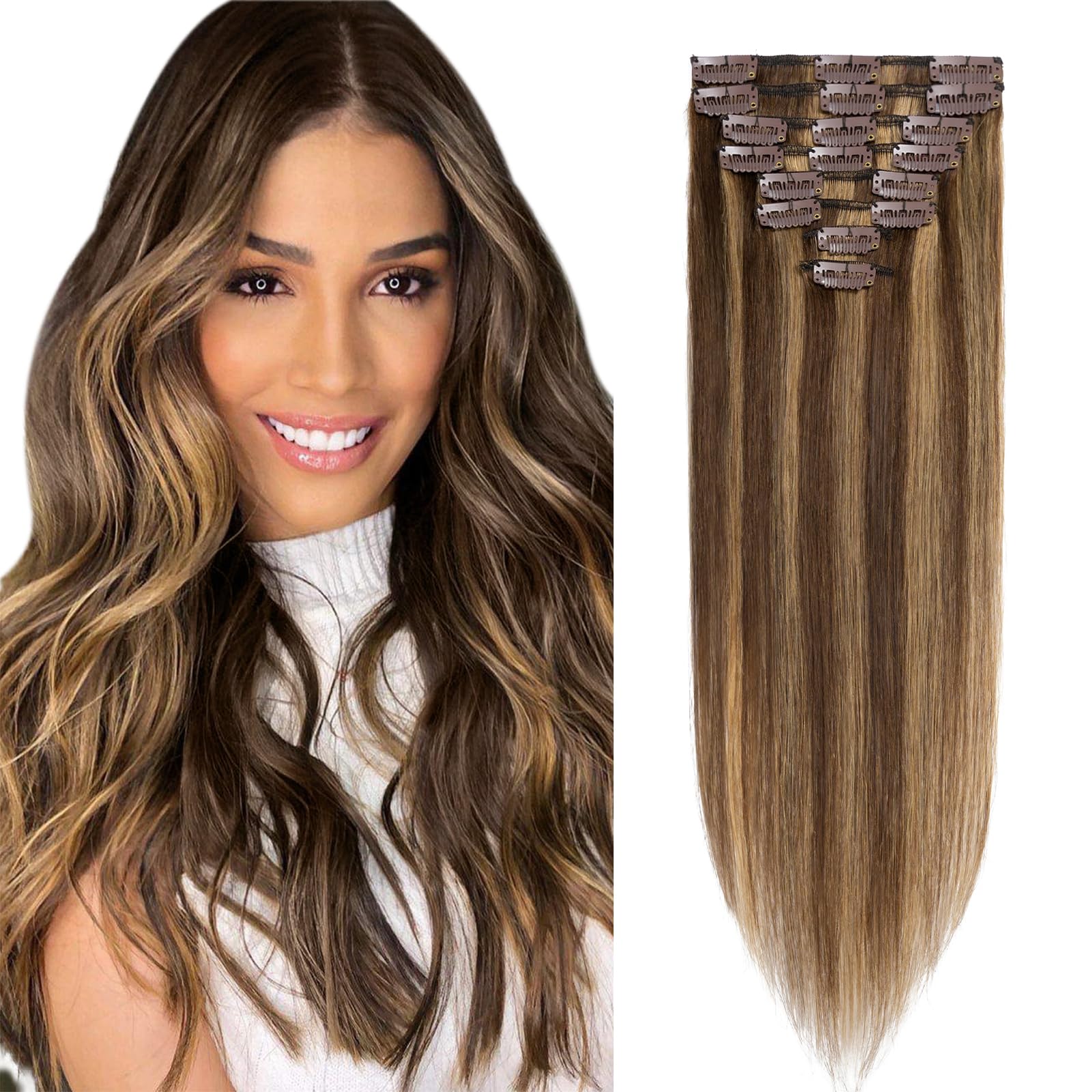 Benehair 100% Remy Human Hair Extensions Clip-in 8Pcs Set - 10 Inches 50g Chocolate Brown Mixed Light Brown #4P27 - Natural Hair Extensions with 18 Clips for Volume & Length - Perfect for Daily Styling, Parties & Special Occasions