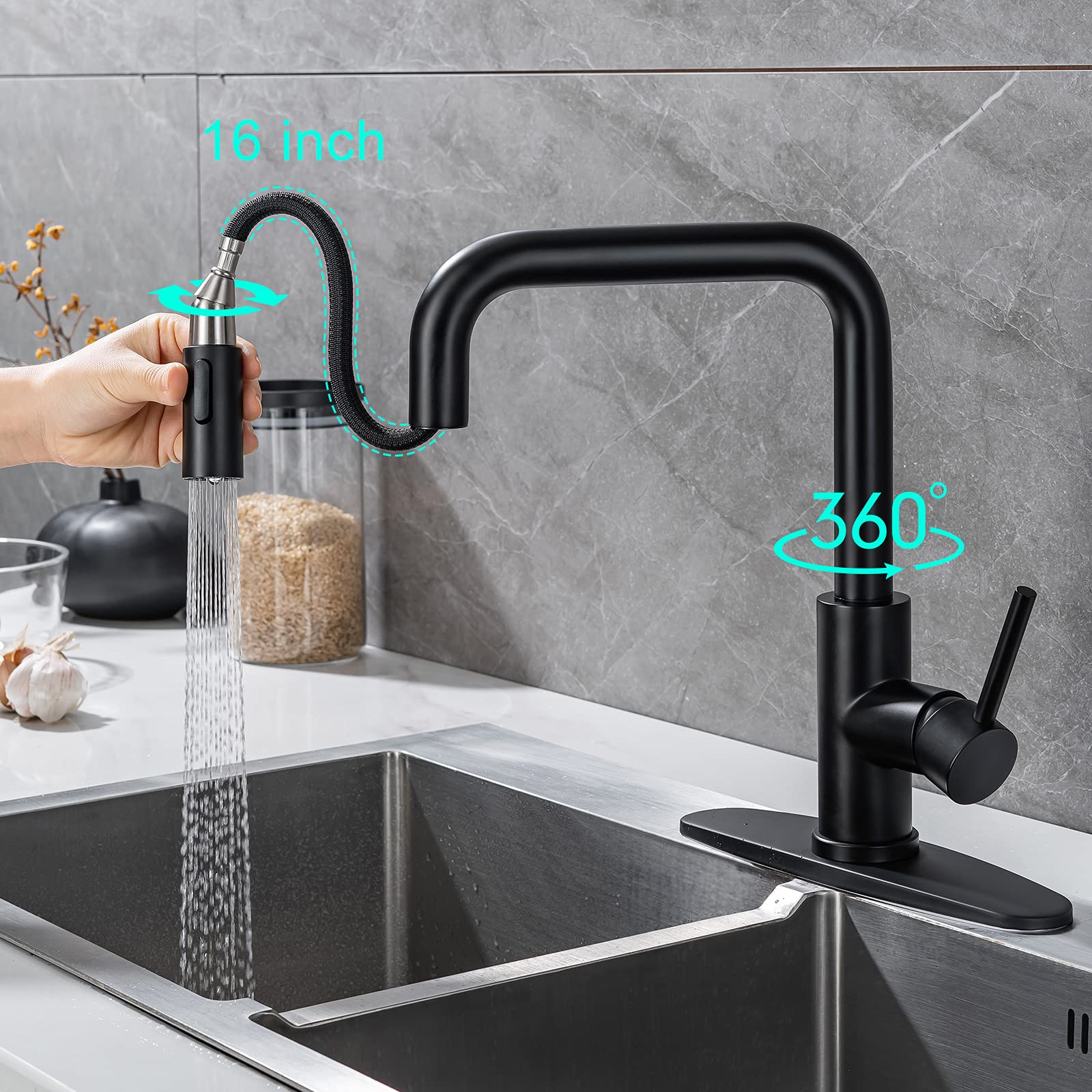 Stainless Steel Single Handle Pull Out Sprayer Kitchen Faucet - Matte Black Finish for Modern Sink & Countertop | Ideal for Cooking, Washing Dishes & Food Prep