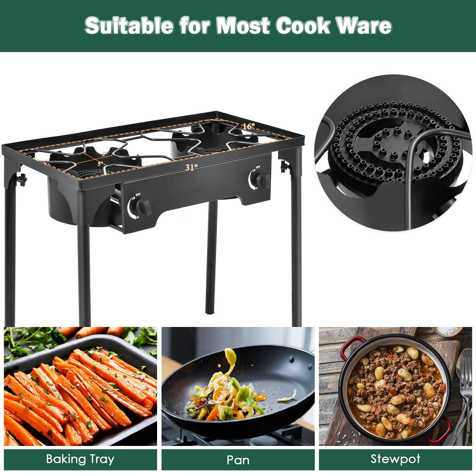 Goplus Dual Burner Propane Camping Stove - 150,000 BTU Outdoor Gas Cooker with Detachable Legs & 0-20 PSI Regulator - CSA Approved for Camping, Patio, RV & Backyard BBQs - Heavy Duty Cast Iron Construction