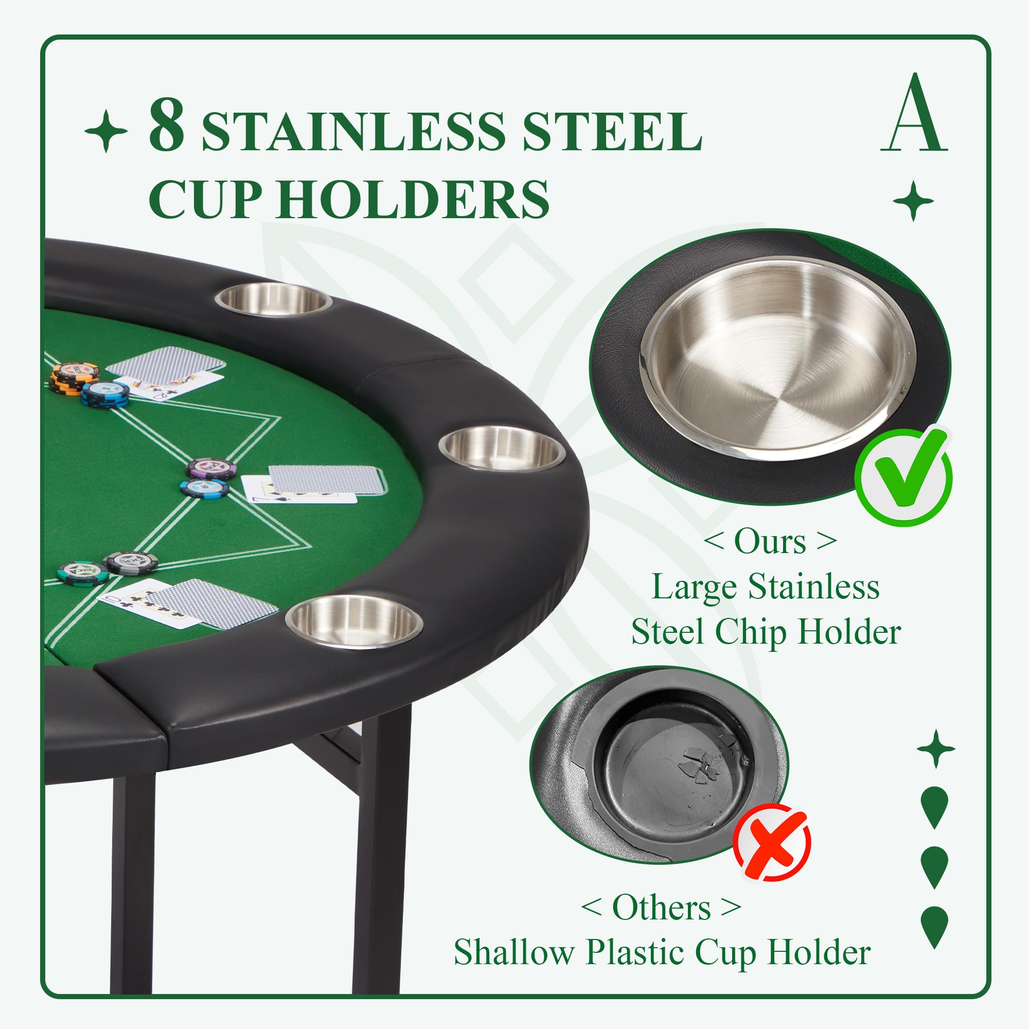 ECOTOUGE 8-Player Foldable Poker Table - Round Casino Style Texas Hold'em Table with Stainless Steel Cup Holders & Faux Leather Padded Rails - Portable Folding Card Game Table for Home, Parties and Casino Nights (Green)