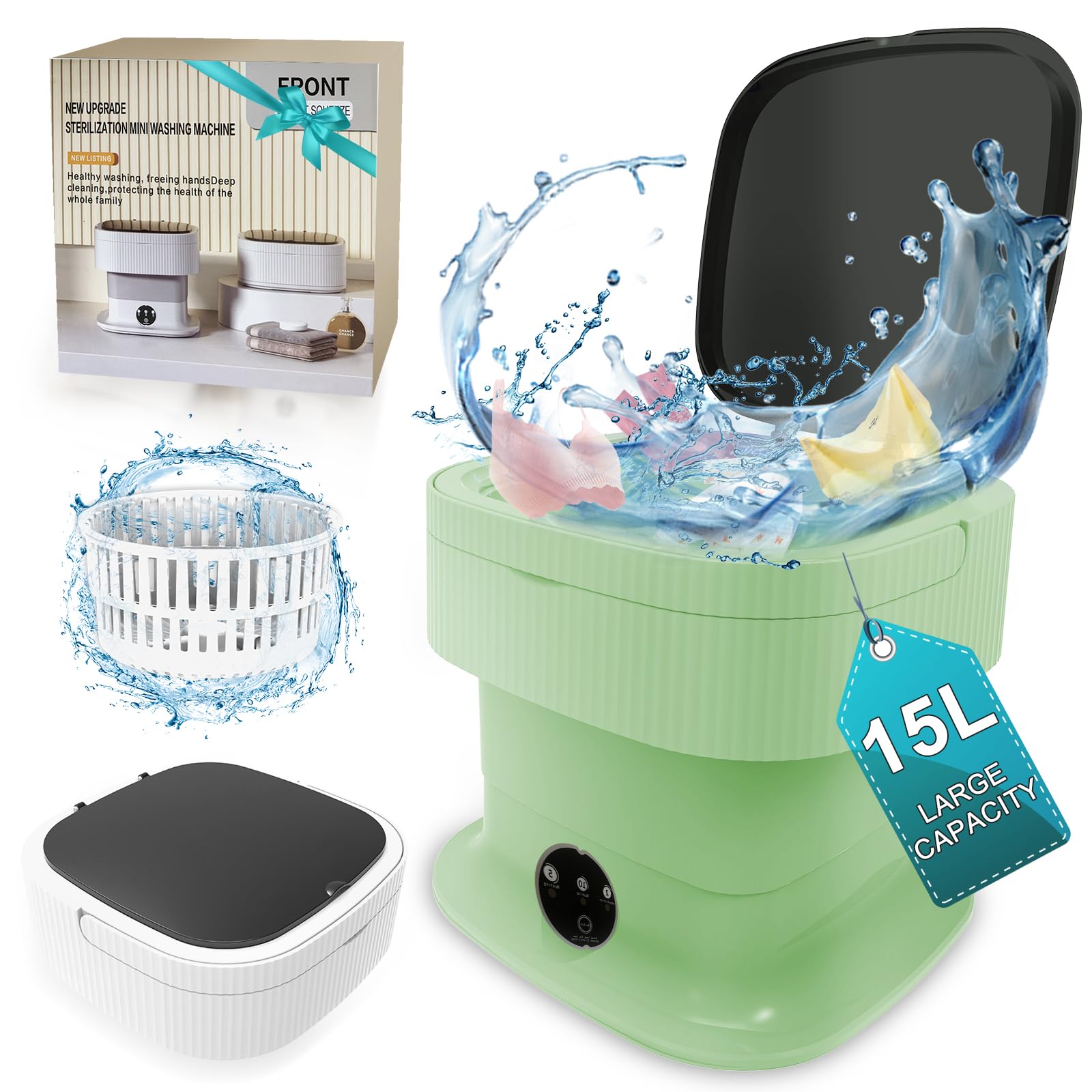 15L Portable Washing Machine with Spin Dryer - Compact Mini Washer for Baby Clothes, Socks & Underwear - Foldable Collapsible Design for Apartments, Travel & Camping - Perfect for Small Spaces & Outdoor Use