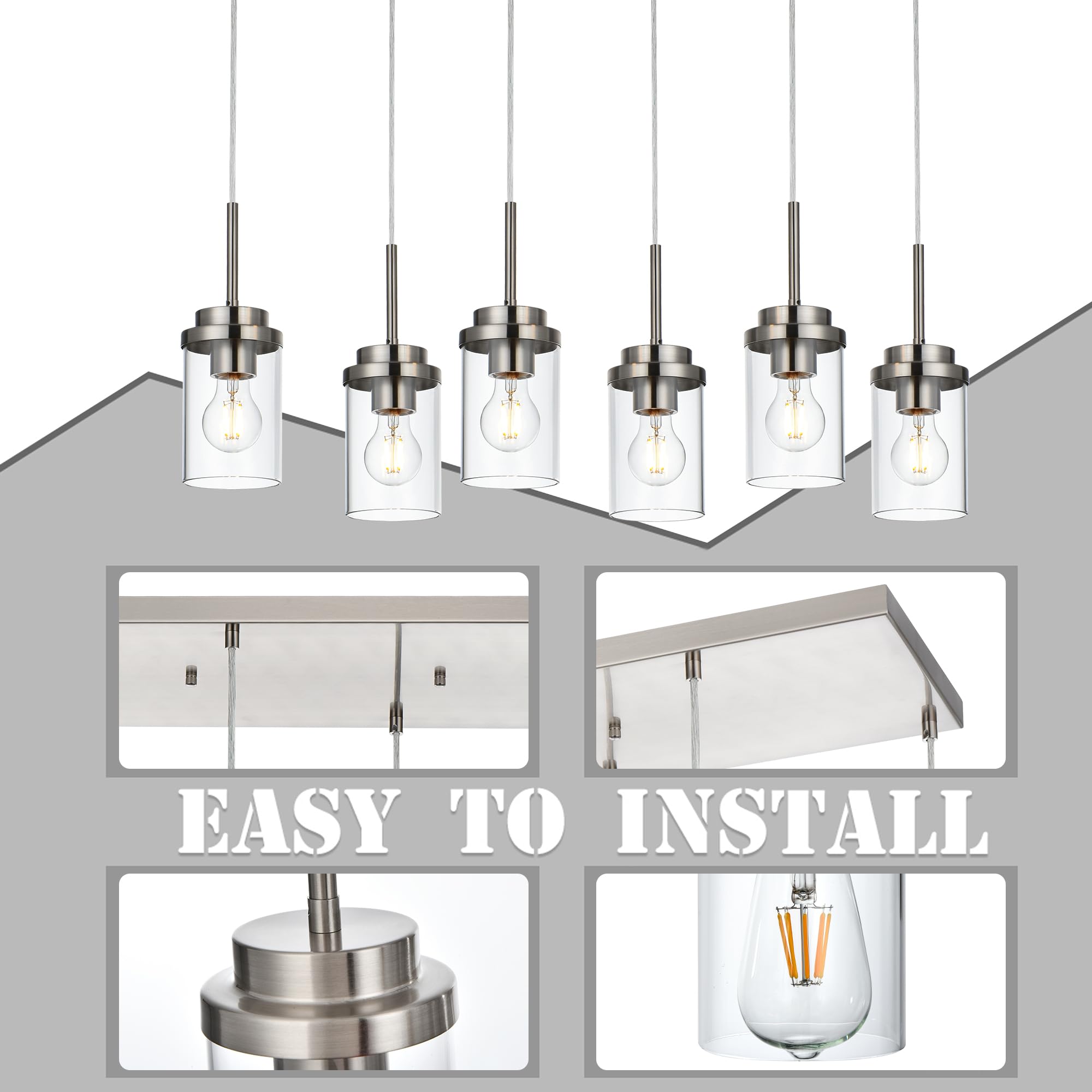 Modern 6-Light Linear Chandelier - 30.5 Inch Brushed Nickel Pendant Lighting with Clear Glass Shades for Kitchen Island & Dining Room | Perfect for Contemporary Home Decor, Restaurant Lighting, and Open Concept Spaces
