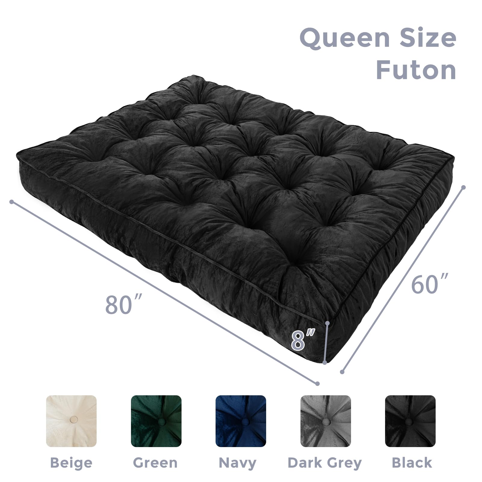 MAXYOYO 8-Inch Thick Velvet Tufted Futon Mattress for Sofa Bed - Luxurious Comfort for Adults (Mattress Only, Black) - Perfect for Small Spaces, Guest Rooms & Studio Apartments