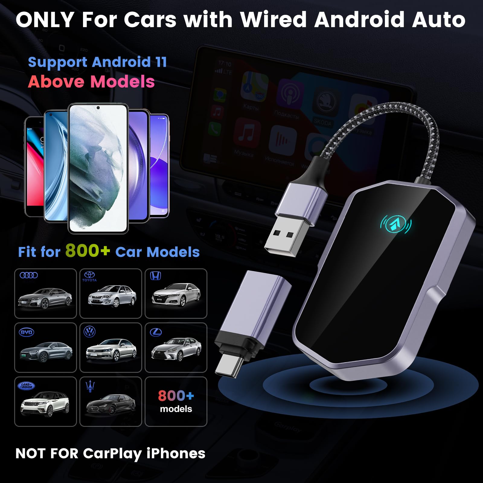 Wireless Android Auto Adapter - Convert Wired to Wireless CarPlay for Android 11+ & 2017+ Vehicles | Fast Connection | Plug & Play | Gray | Perfect for Commuting & Road Trips