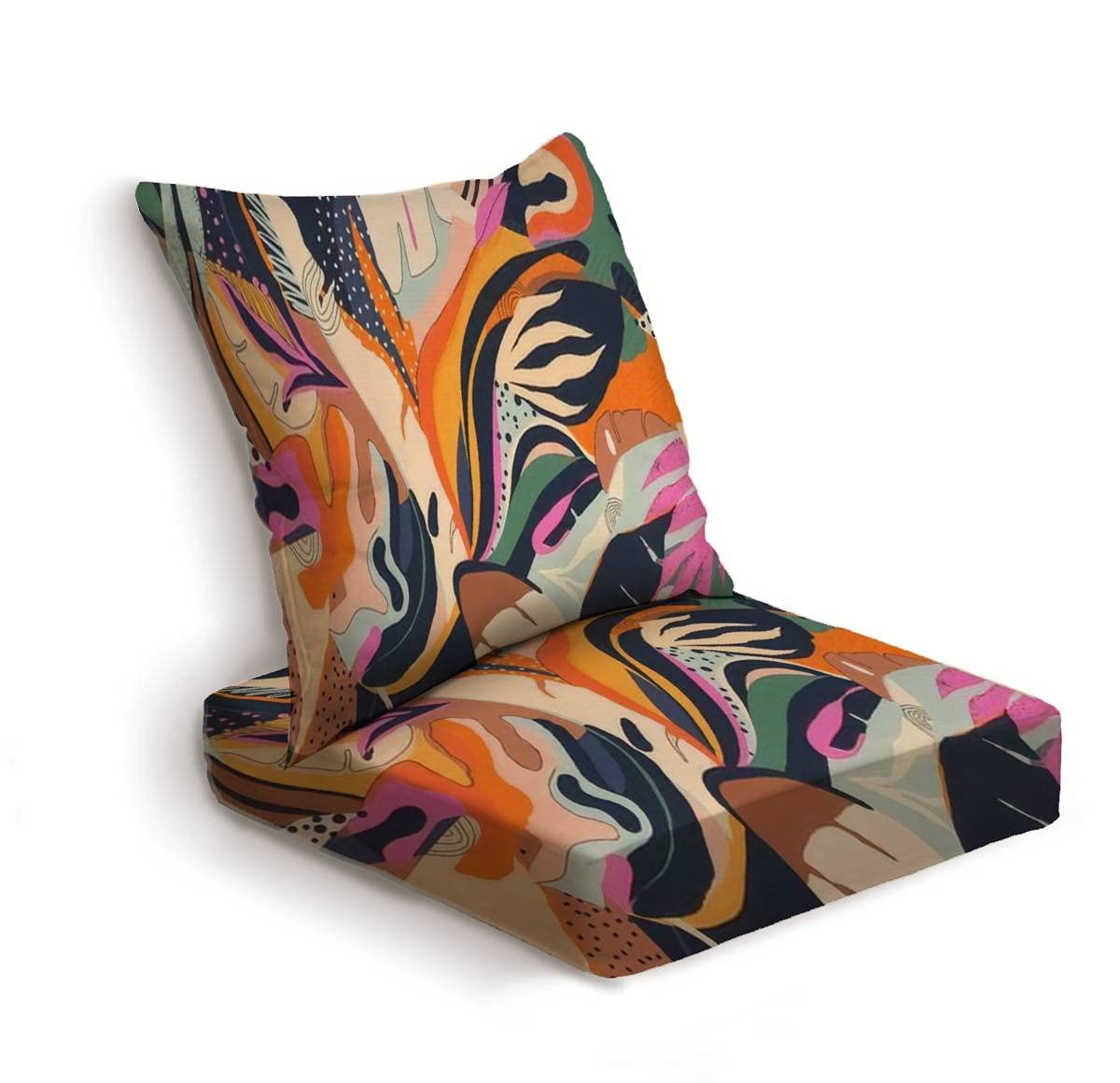 2-Piece Deep Seat Cushion Set with Trendy Jungle Plant Pattern - Indoor/Outdoor Patio Furniture Cushions for Lounge Chairs, Sofas & Conversation Areas - Water-Resistant & Comfortable for Garden, Deck, and Living Room Use