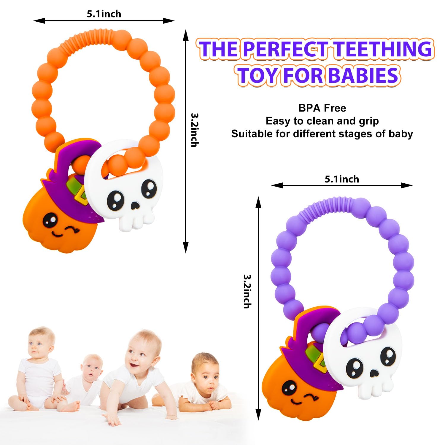 Hongteya Halloween Baby Pumpkin Teether - BPA Free Silicone Teething Toys for Boys & Girls, Safe Chew Toys for Infants, Perfect Halloween & Nightmare Before Christmas Gift (2-Pack) - Ideal for Soothing Sore Gums During Holidays & Travel