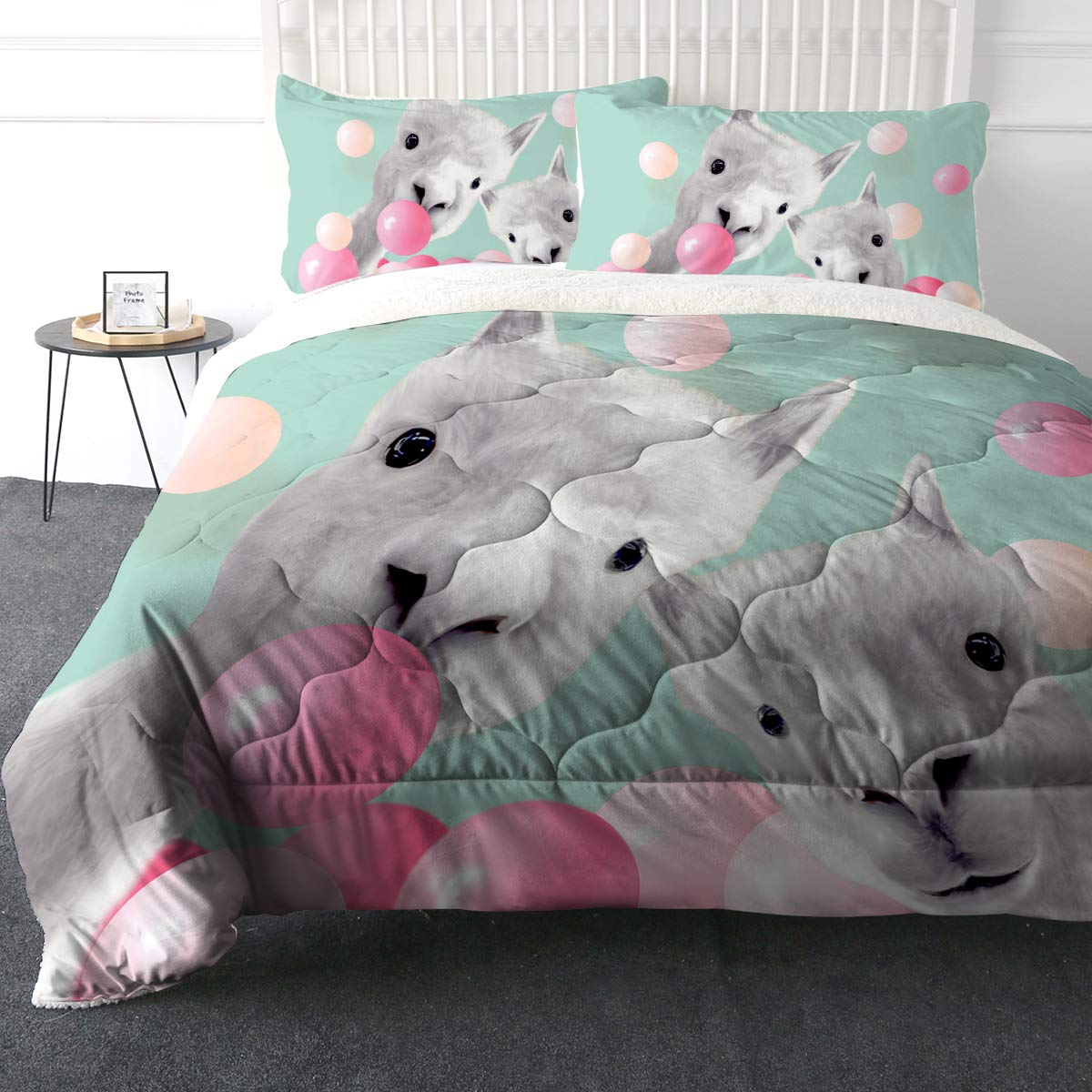 Super Soft Sherpa Comforter Set - Faux Fur Bedspread & 3D Lightweight Fuzzy Duvet Blanket with Polyester Filler - Twin Size Bedding Set Includes 2 Pillow Shams (Alpaca & Bubbles Design) - Cozy Winter Warmth for Bedroom, Dorm, Guest Room