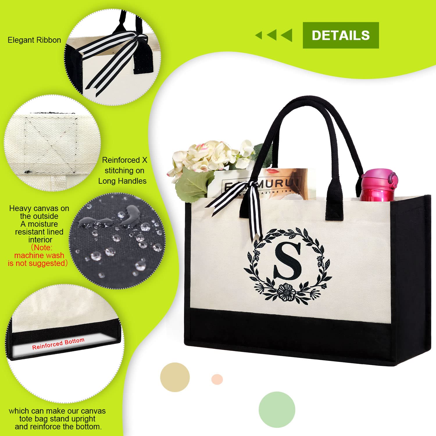 Personalized Monogram Embroidery Tote Bags for Women - BeeGreen Initial Tote with Makeup Pouch & Inner Zipper Pocket - Perfect Gift for Birthday, Mother, Hostess & Bridesmaid (Letter S) - Great for Work, Travel & Shopping
