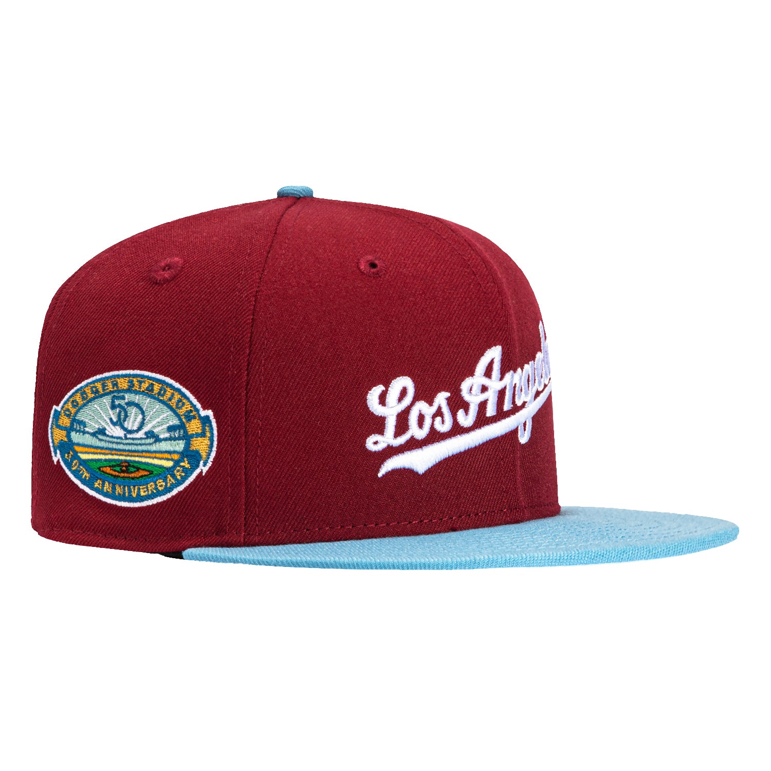 New Era 59Fifty Los Angeles Dodgers 50th Anniversary Snapback Hat with Stadium Patch - Cardinal & Light Blue - Official MLB Baseball Cap for Fans & Collectors - Perfect for Games, Gifts & Streetwear Fashion