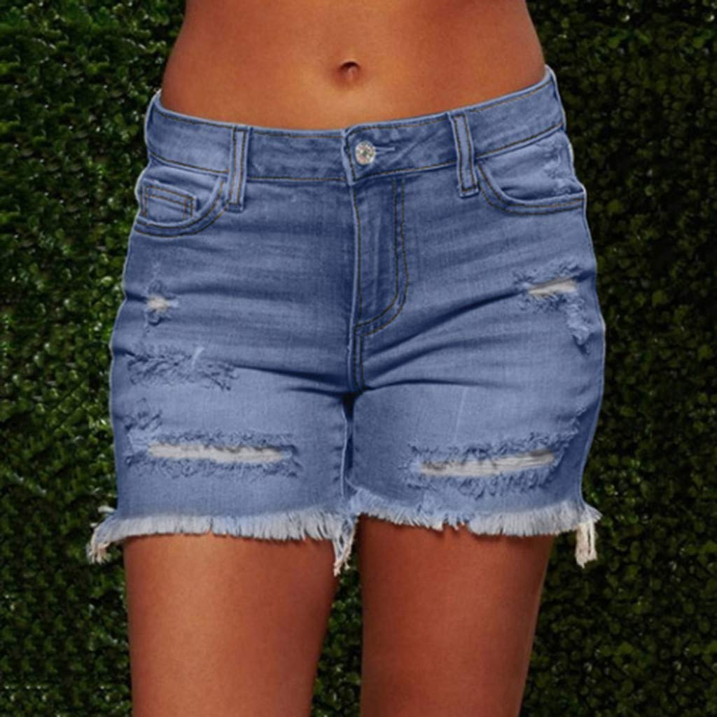 hlysgo Women's Mid Rise Ripped Stretchy Denim Shorts with Frayed Raw Hem - 2024 Summer Casual Jean Shorts for Outdoor Adventures and Weekend Getaways
