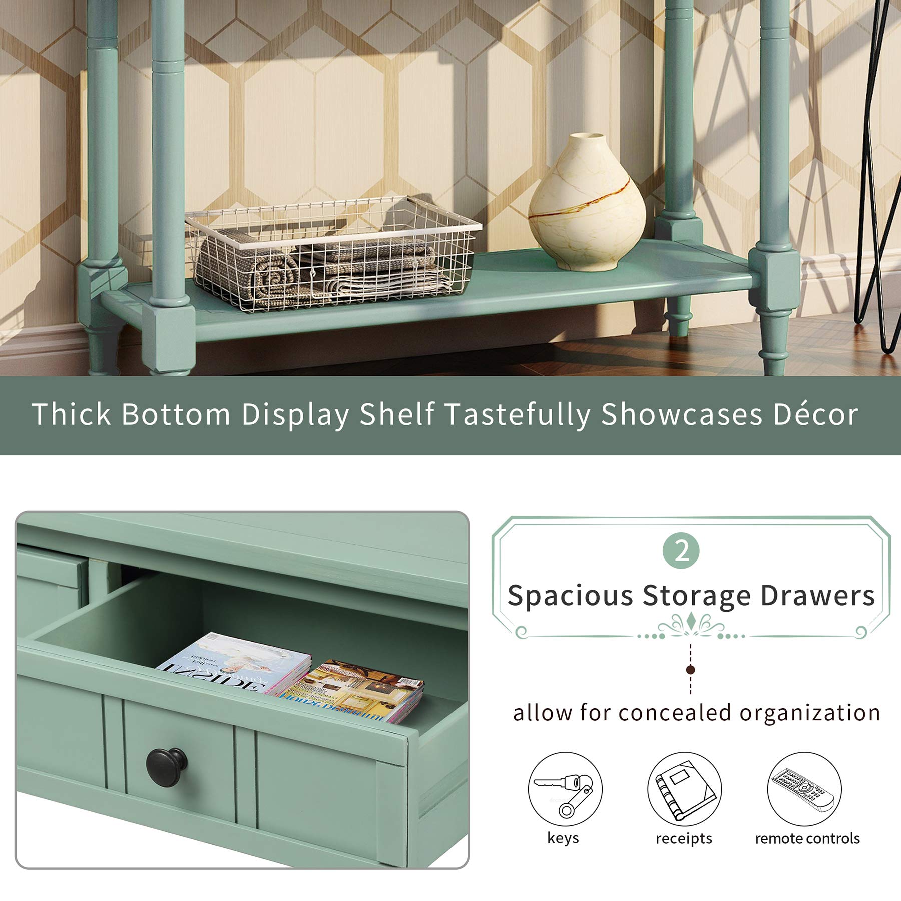 P PURLOVE Wooden Console Table with 2 Drawers & Bottom Shelf - Modern Sofa Table Sideboard for Living Room, Bedroom, Entryway (Tiffany Blue) - Perfect for Hallway Storage & Home Decor