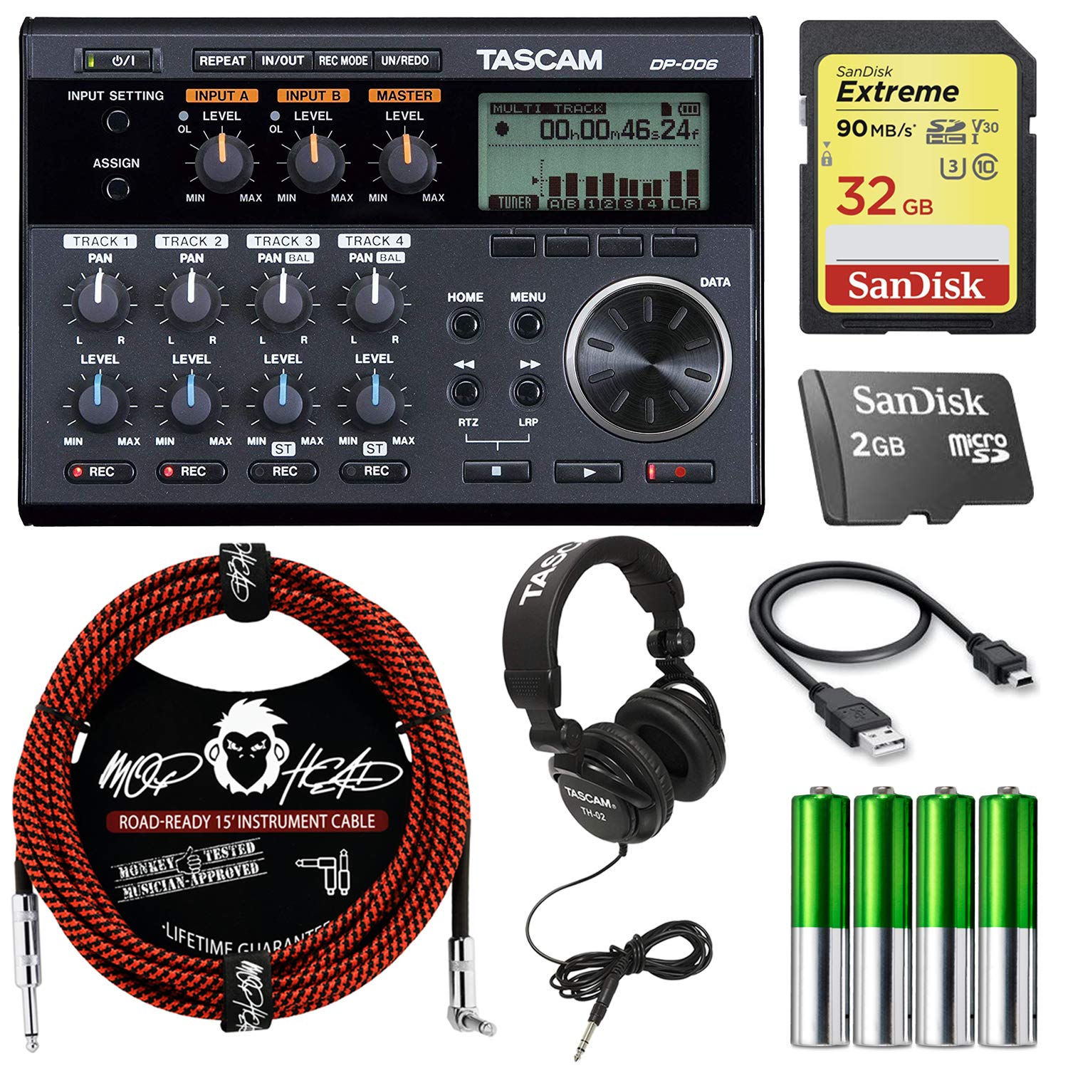 Tascam DP006 6-Track Digital Audio Recorder Bundle with Professional Headphones, Instrument Cable & 32GB SD Card - Perfect for Home Studio Recording, Podcasting & Music Production