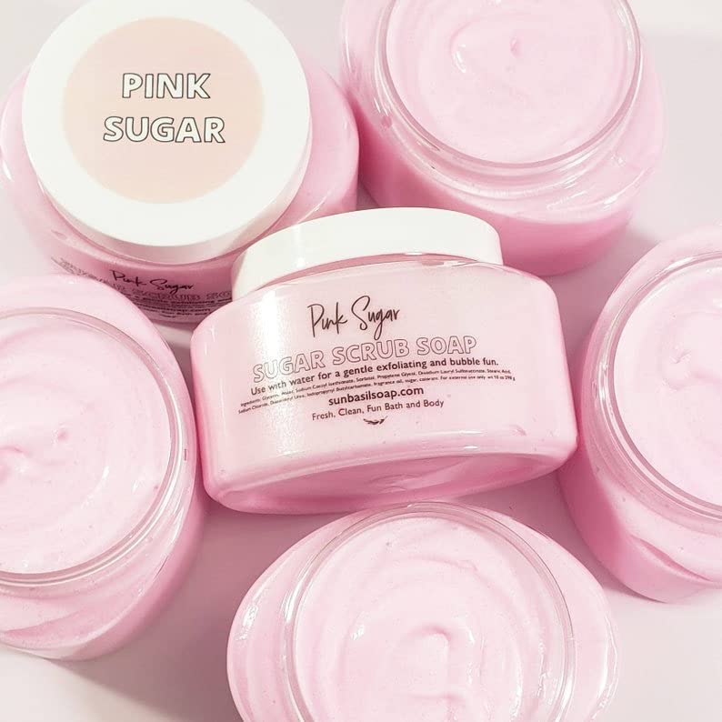 Pink Sugar Whipped Body Scrub - Exfoliating & Moisturizing Handmade Soap in Jar for Soft Smooth Skin | Perfect for Spa Day, Gift & Self Care Routine