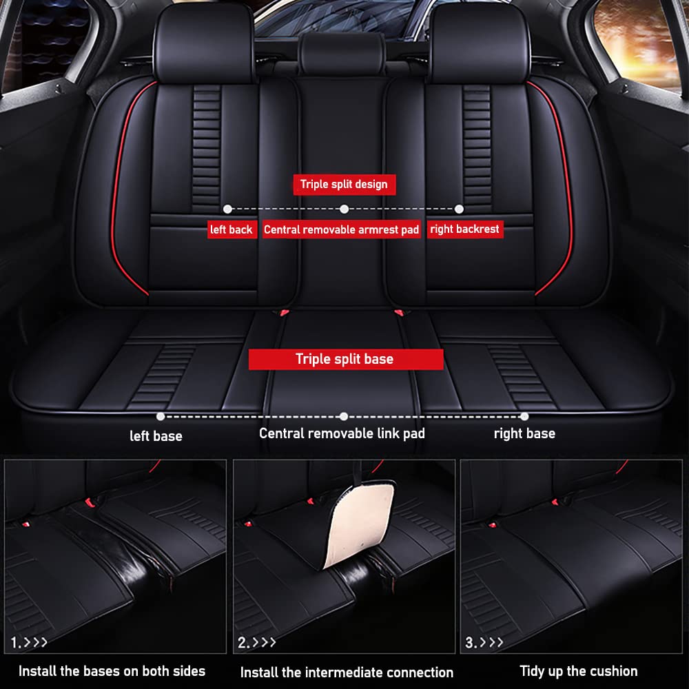 Universal Fit PU Leather Car Seat Covers Full Set for Jeep Wrangler JK 2018 - Black & Red Stitching with Headrest & Lumbar Support - Perfect for Off-Roading, Daily Commuting & Interior Protection