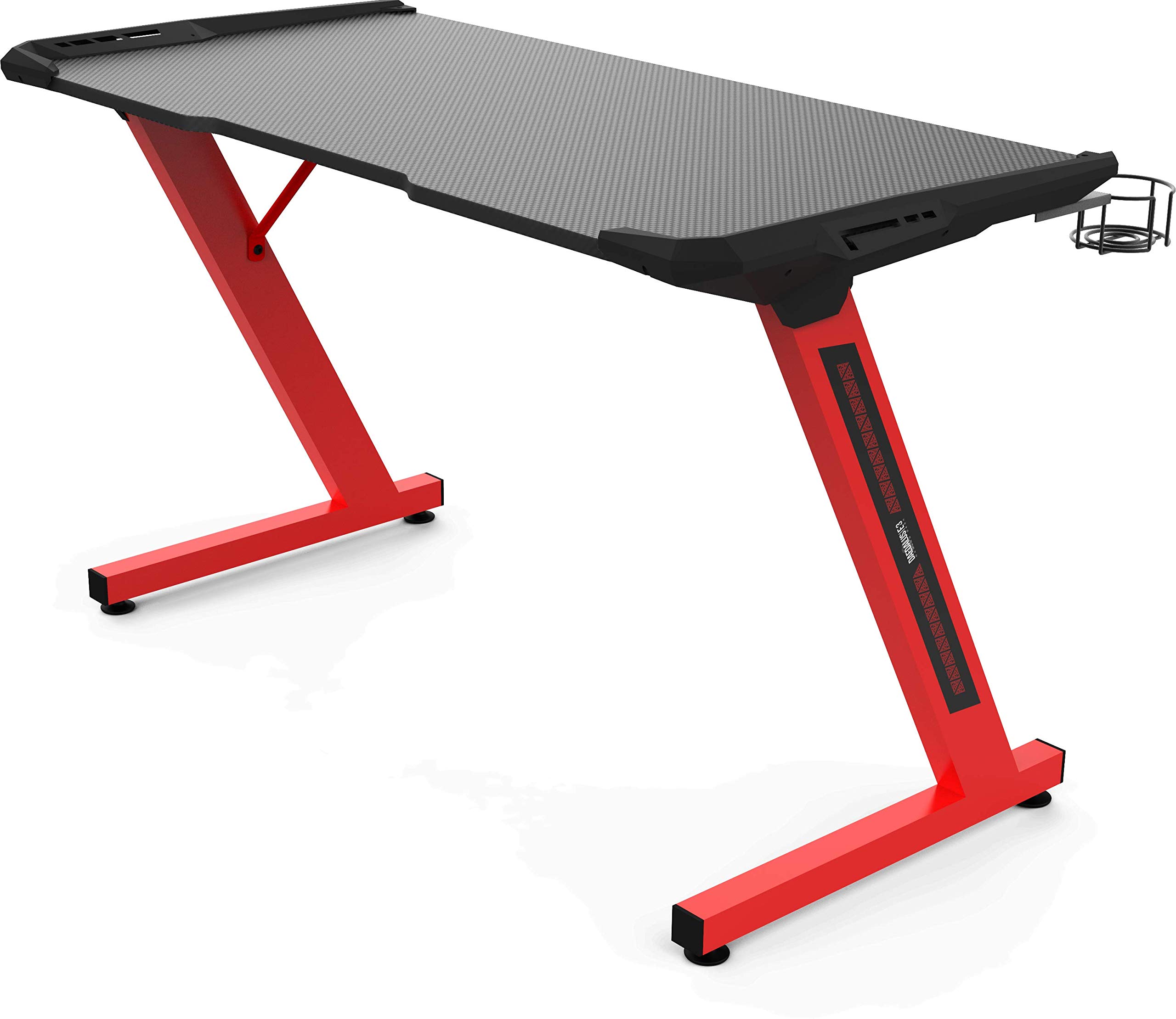 GAMDIAS Zeus Large Gaming Desk with Carbon Fiber Surface - Home Office Computer Table & Gamer Workstation with Cup & Headset Holder (Black/Red) - Perfect for PC Gaming Setup, Streaming & Remote Work
