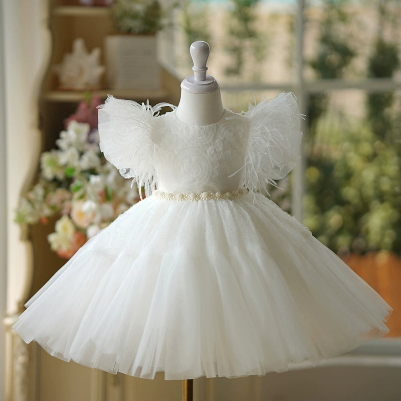 Elegant White Tassel Mesh Princess Dress for Baby Girls - Flower Girl Dress for Weddings, Baptisms & Special Occasions