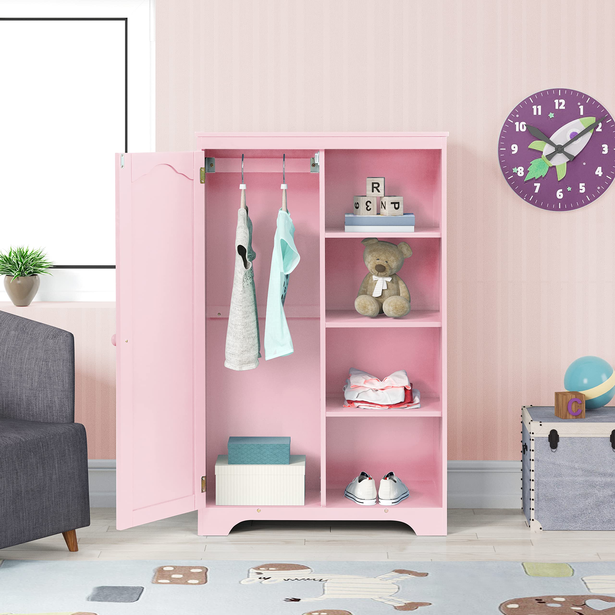 Wooden Freestanding Bathroom Floor Cabinet with Shelf - Pink Kids Storage Organizer for Bath Toys, Towels & Essentials | Perfect for Small Bathrooms & Kids' Rooms