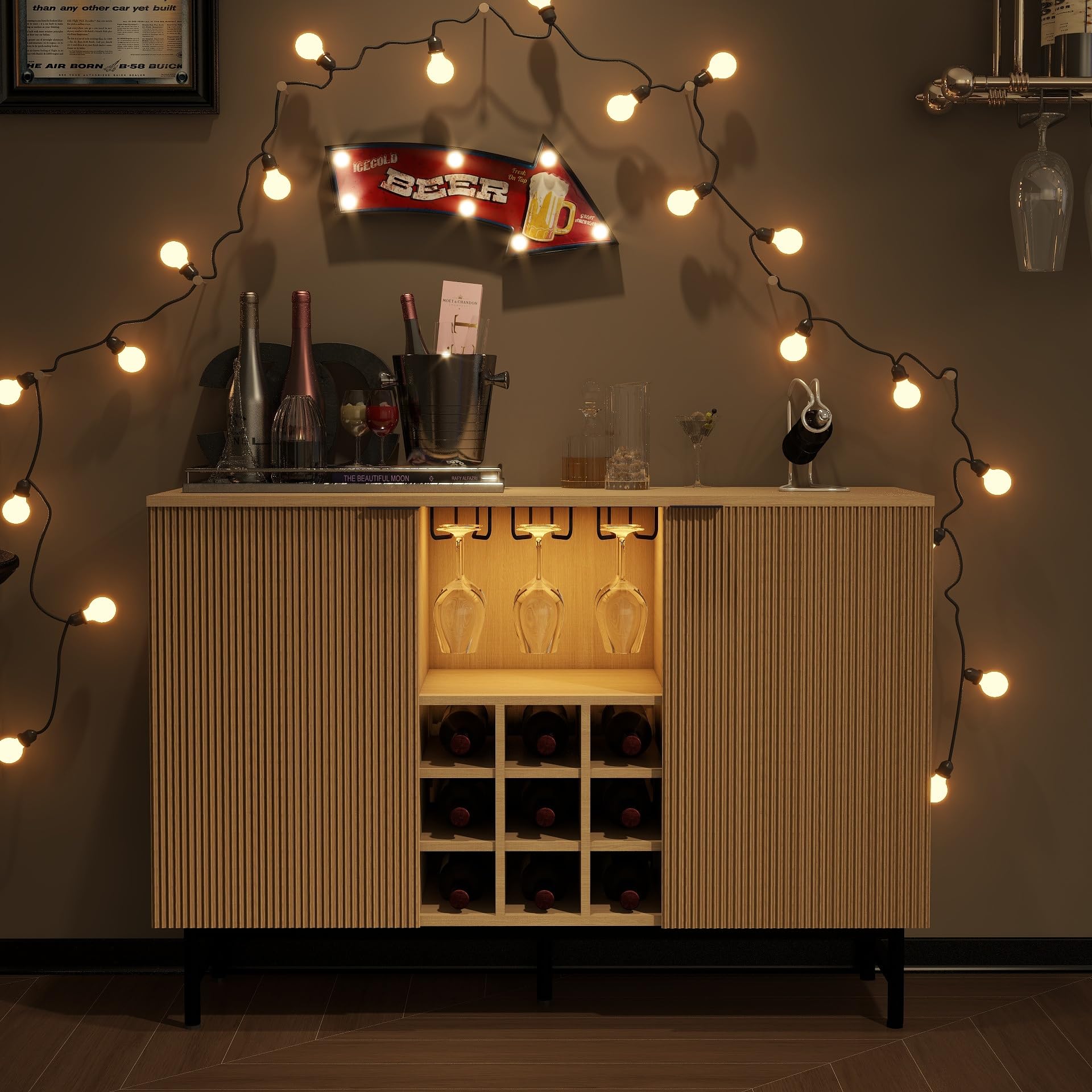 Modern Wine Bar Cabinet with Power Outlets & LED Lights - Fluted Liquor Storage Coffee Bar Cabinet for Home - Buffet Sideboard with Storage - Natural Oak Finish - Perfect for Entertaining, Dining Room Decor & Kitchen Organization