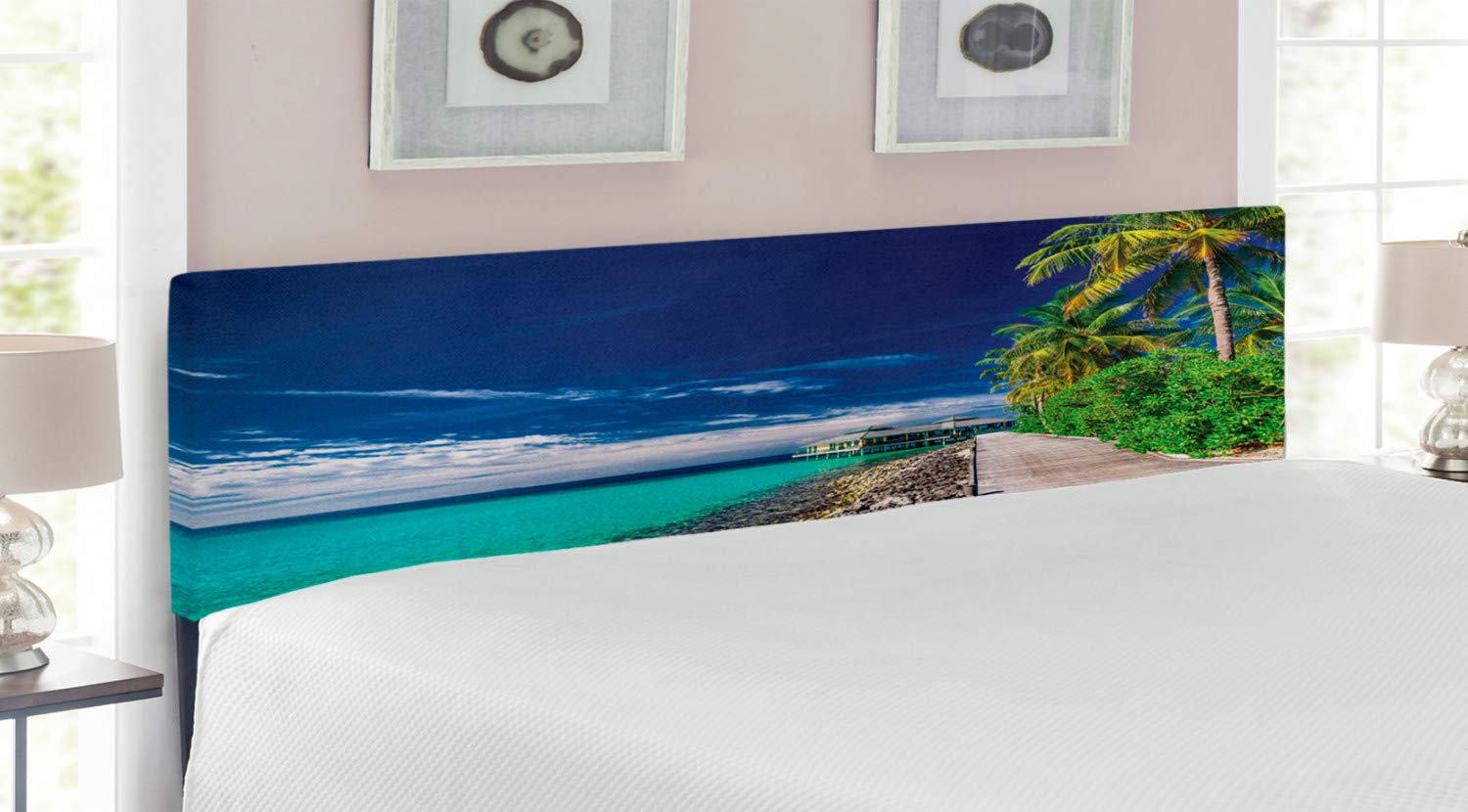 Ambesonne Ocean King Size Headboard - Upholstered Wooden Boardwalk Beach Scene with Palm Trees, Dark Sky Hawaiian Paradise Design, Decorative Metal Bed Frame with Memory Foam in Turquoise Green - Perfect for Coastal, Tropical, or Boho Chic Bedroom Decor