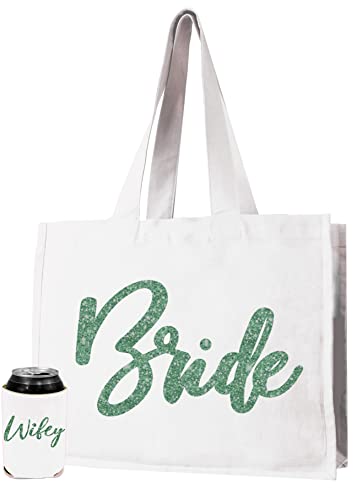 2 Piece Set - Green Bride (White Tote) Wifey (Can Cooler)