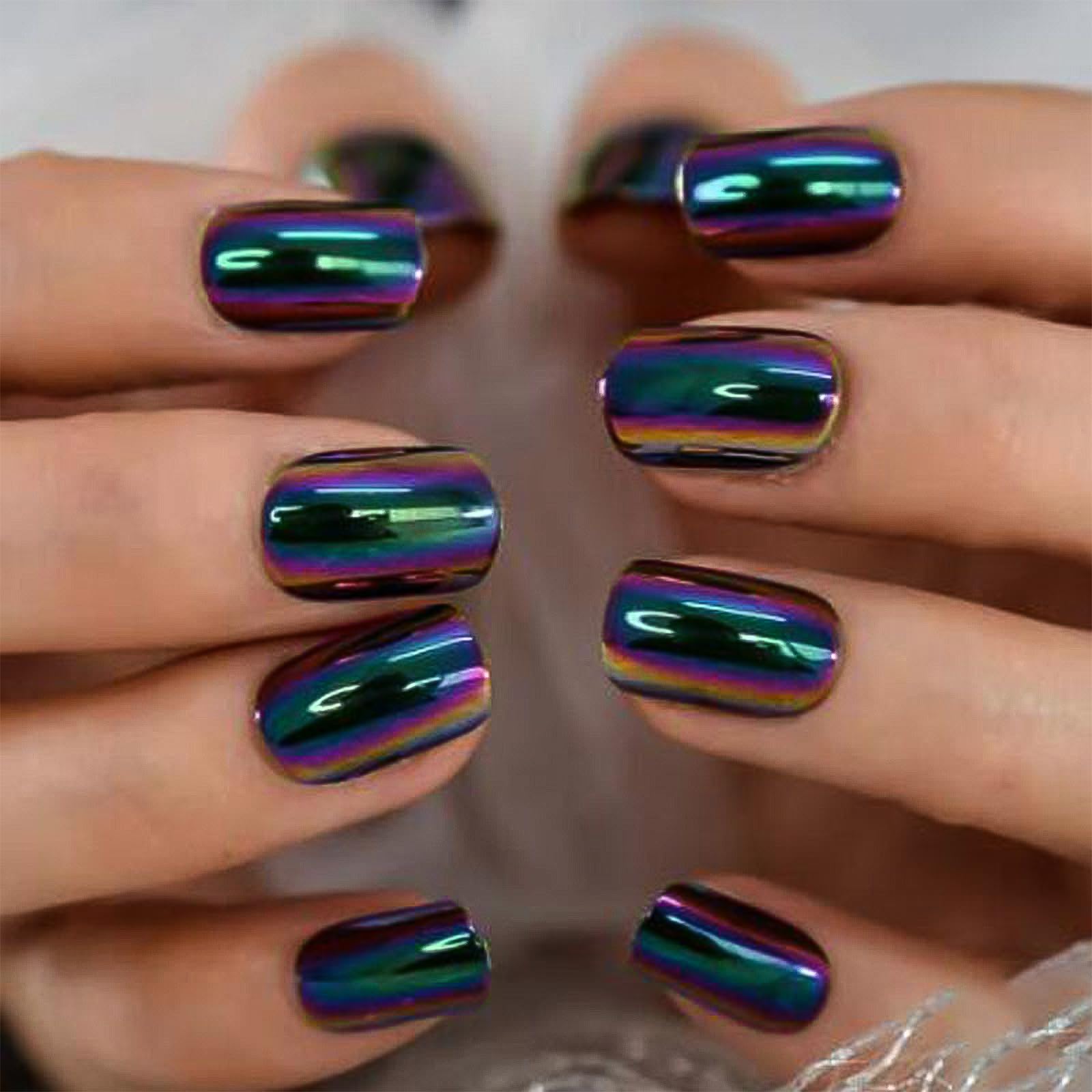 24Pcs Chrome Press on Nails Short Square - Metallic Mirror Green & Purple Fake Nails with Glue | Glossy Stick on Nails for Women | Perfect for Parties, Weddings & Everyday Wear