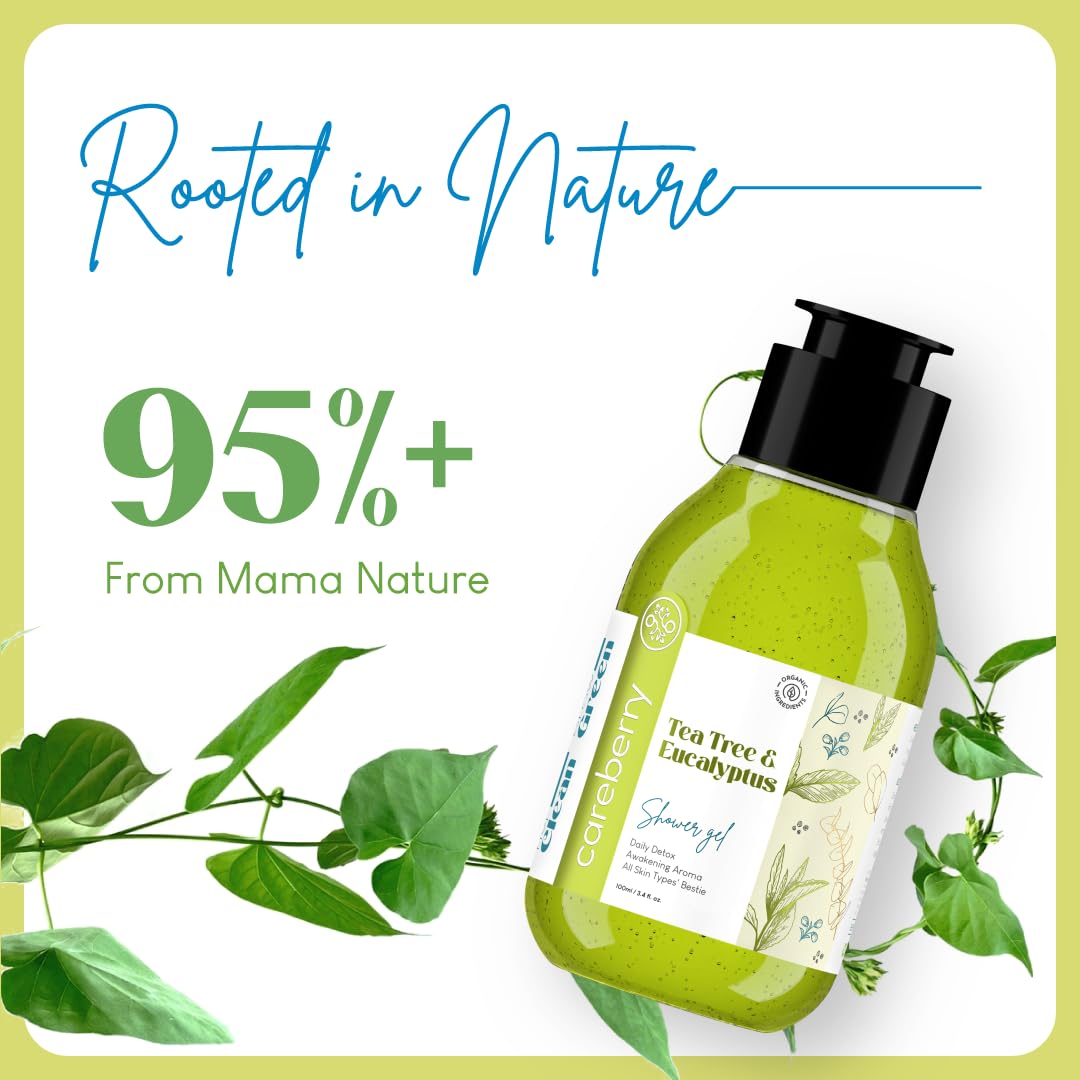 Careberry Organic Tea Tree & Eucalyptus Oil Shower Gel - Ayurvedic Ayush Certified, Paraben & Sulfate Free, 100ml | Daily Detox & Refreshing Shower Experience for Healthy Skin