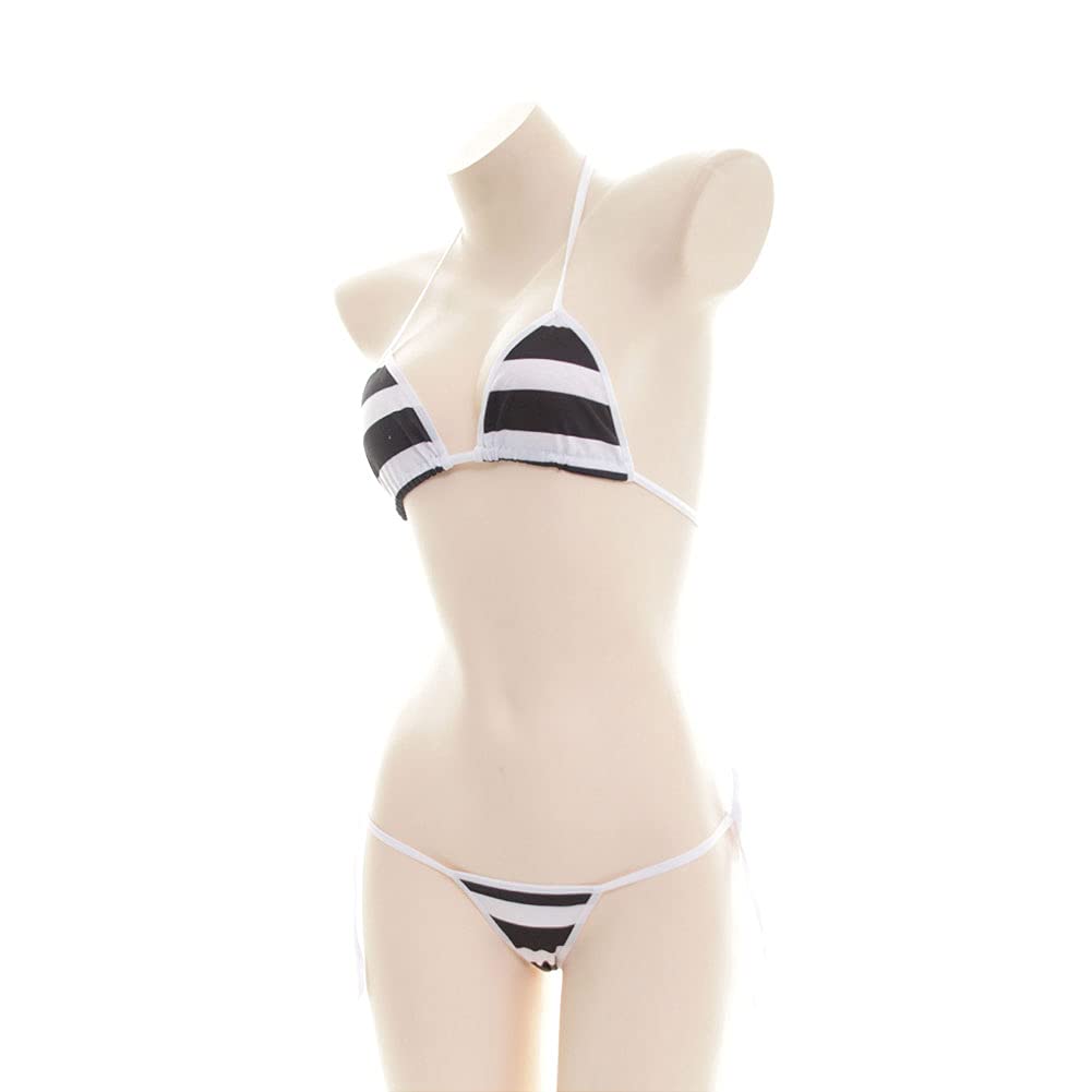FYMNSI Women's Japanese Anime Lingerie Set - Micro Mini Bikini, Tie Side Swimwear & Striped Bra for Cosplay, Kawaii Fashion | Perfect for Anime Conventions, Beach Parties, and Kawaii Style Photoshoots