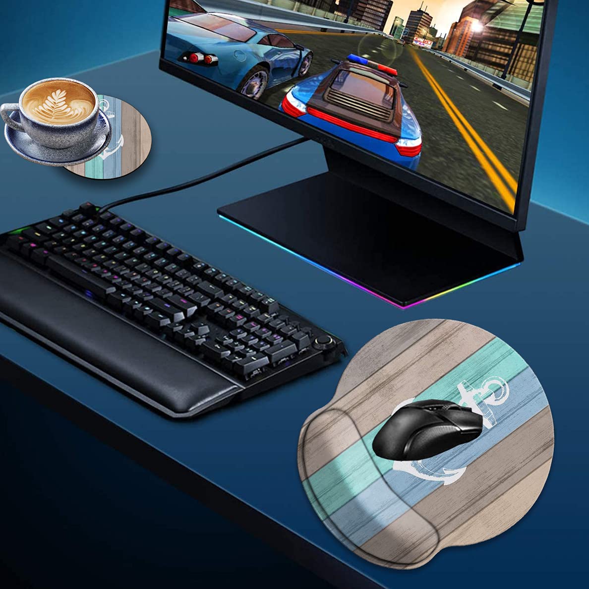 Ergonomic Gaming Mouse Pad with Wrist Rest Gel - Non-Slip PU Base & Smooth Surface - Comfortable & Durable for Office & Home Use - Beach Wood Nautical Anchor Design - Perfect for PC Gaming, Workstations & Home Desktops