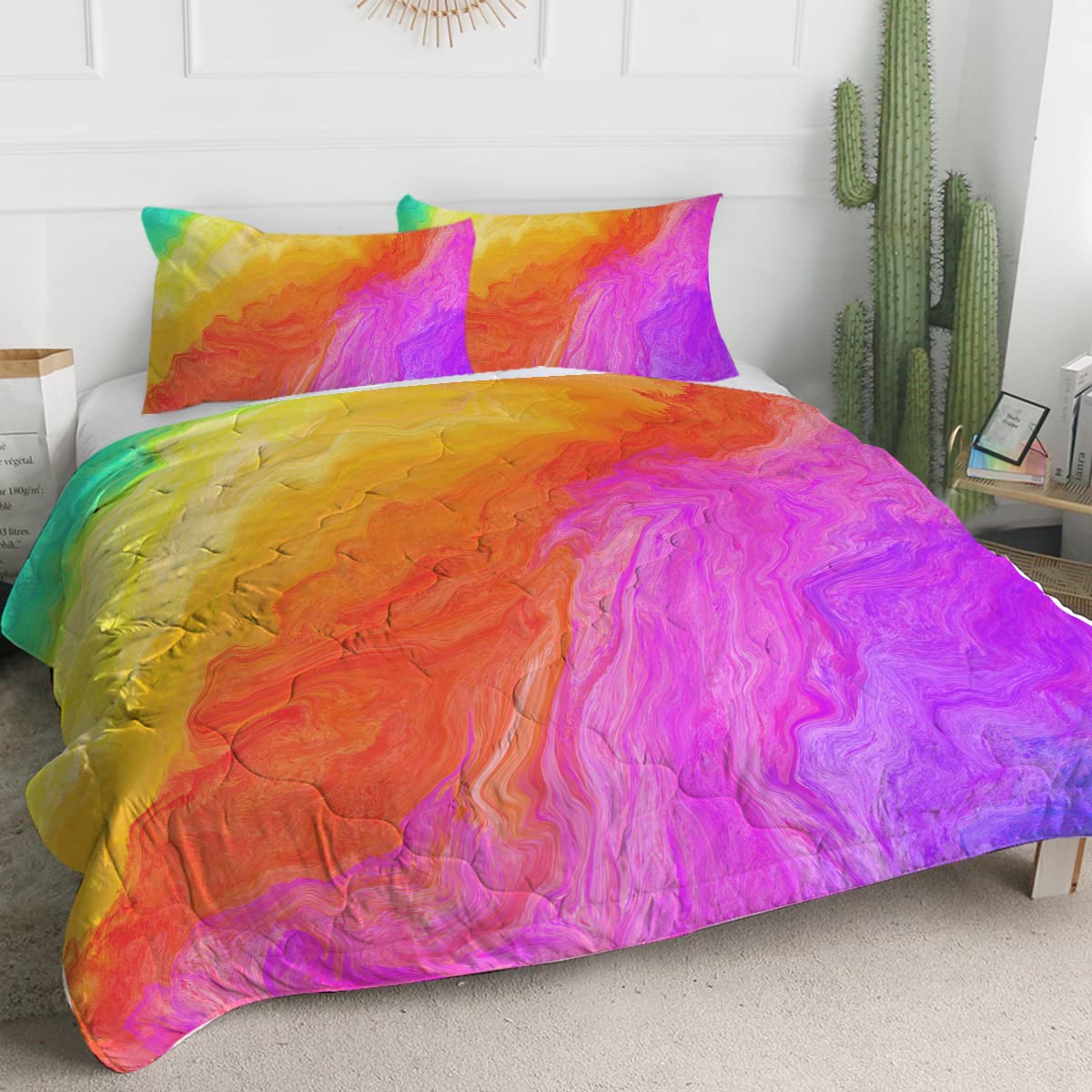 Rainbow Comforter Set King - Pastel Bedding for Girls - 3 Piece Modern Abstract Quilt in Pink Purple Orange Yellow - Perfect for Kids' Bedroom Decor