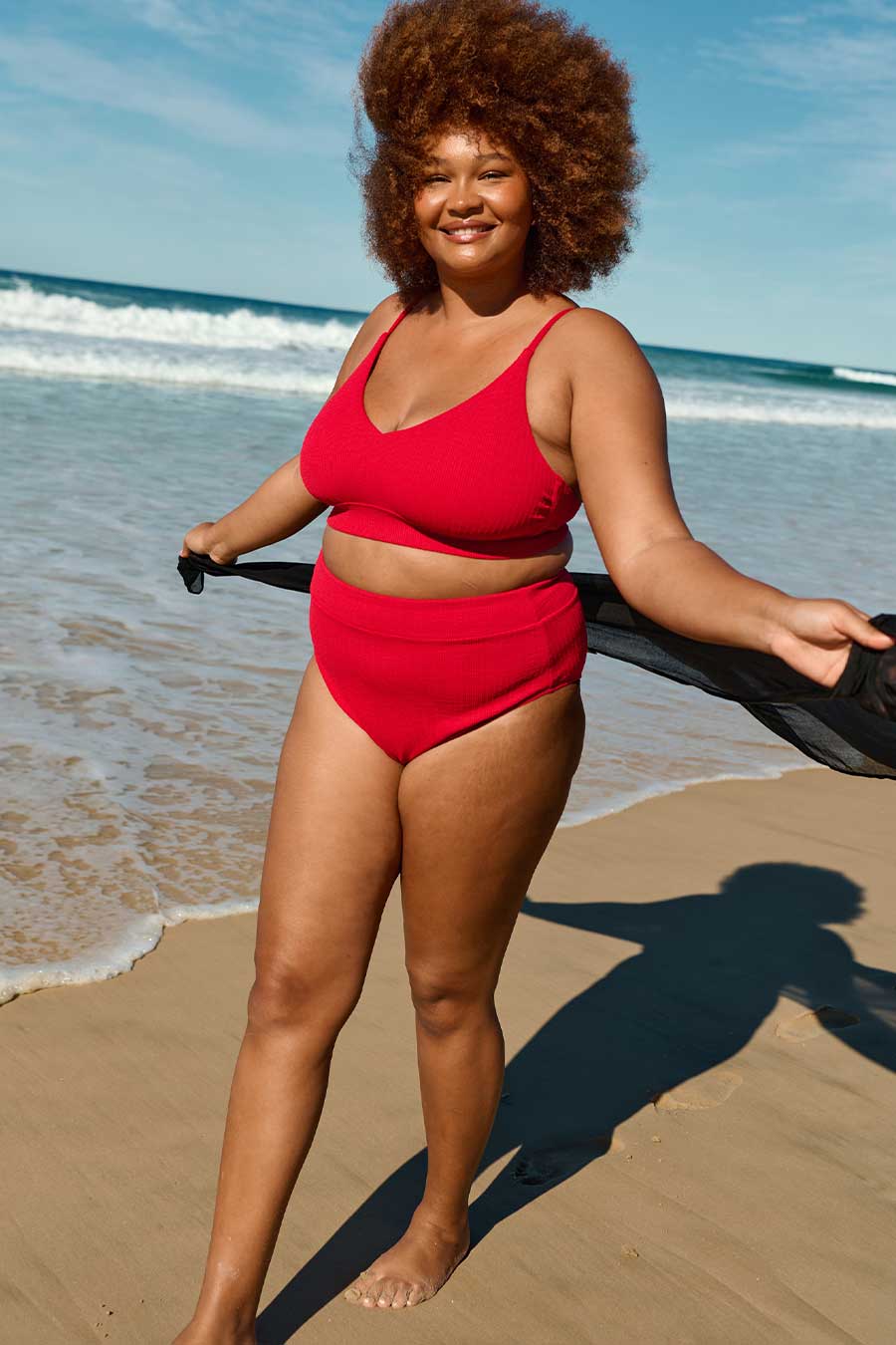 Byron High Waisted Bikini Bottom - Red Textured Swimwear for Women | Beach, Pool & Summer Vacation Essentials