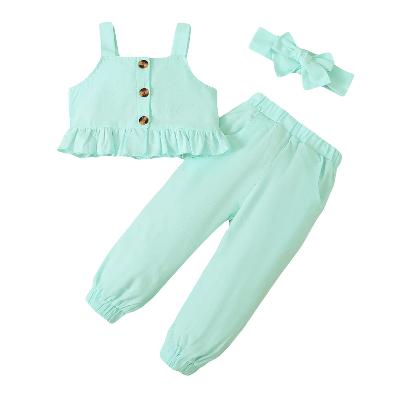 **Toddler Girls Sleeveless Ruffled Vest & Pants Outfit Set with Headband - Green (2T) - Perfect for Summer Playdates, Parties & Photo Shoots**