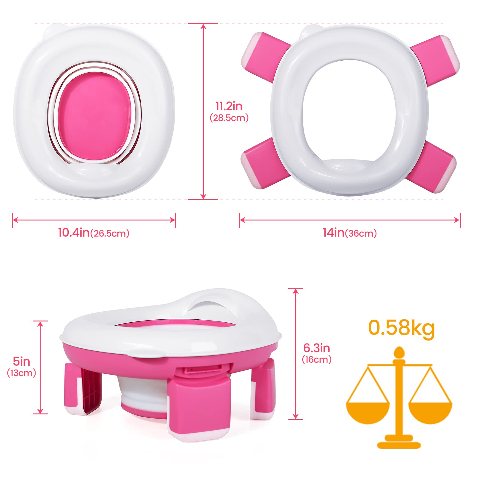 Orzbow Foldable Travel Potty Chair for Toddlers - Portable Kids Training Toilet Seat with Splash Guard, Storage Bag & 40 Disposable Bags | Perfect for Car Trips, Camping & Outdoor Adventures (Pink)