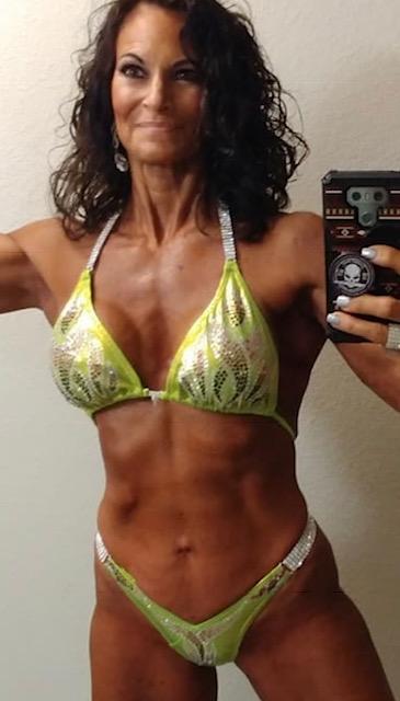 Figure Competition Suit - Physique Bikini with Rhinestone Design in Chartreuse Yellow & Green Flame | Perfect for Bodybuilding, Fitness & Bikini Contests