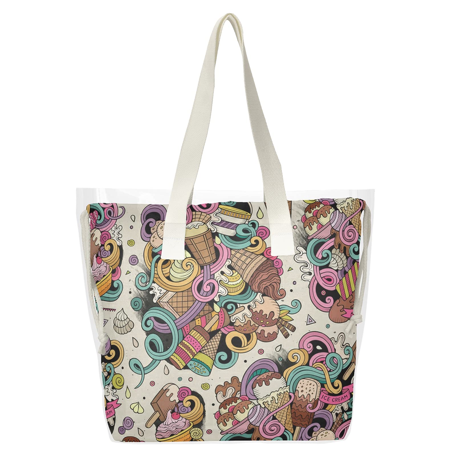 Hand Drawn Desserts Clear Tote Bags for Women - 2 in 1 Transparent Shoulder Bag & Shopping Beach Tote - See Through Canvas Handbag for Work, Casual, Party & Concert - Perfect for Grocery Shopping, Beach Outings & Music Festivals