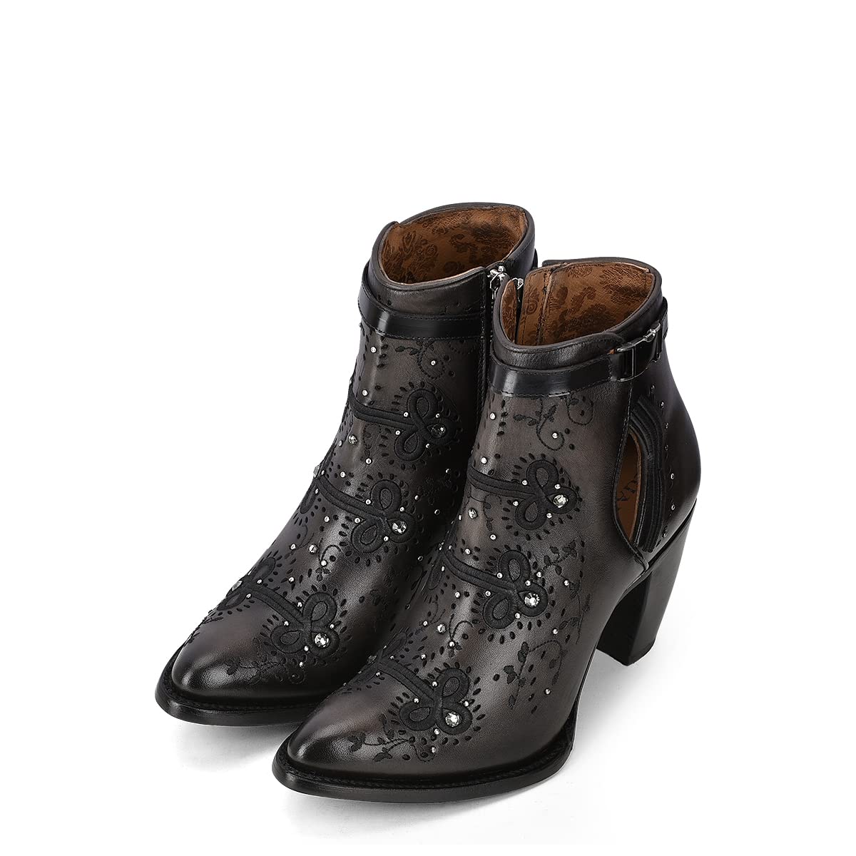 Cuadra Women's Leather Bootie with Zipper & Crystals - Stylish Black Ankle Boots for Night Out