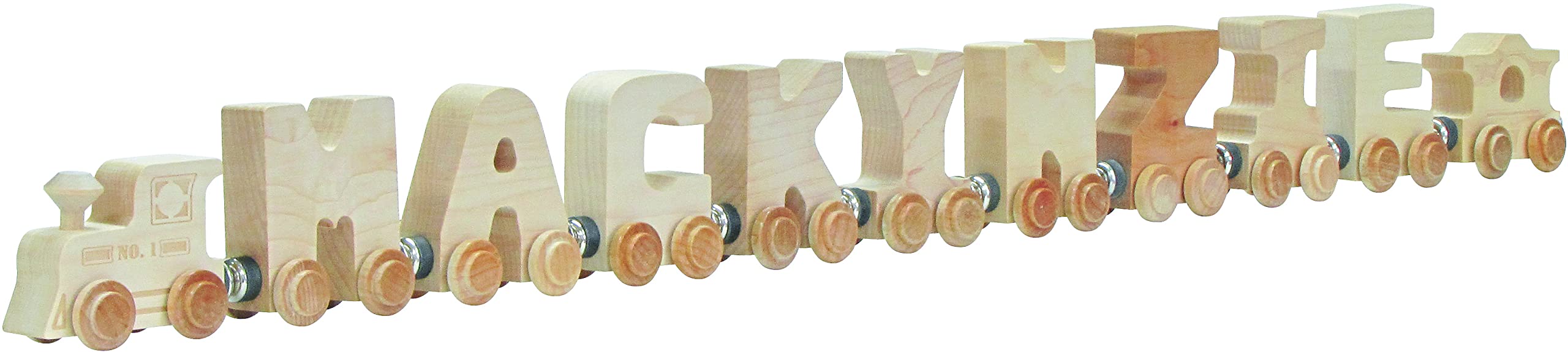 Maple Landmark Clear Finish NameTrain with Engine and Caboose - 9 Letter Personalized Wooden Train Toy Made in USA | Perfect for Kids' Room Decor, Birthday Gifts & Educational Playtime
