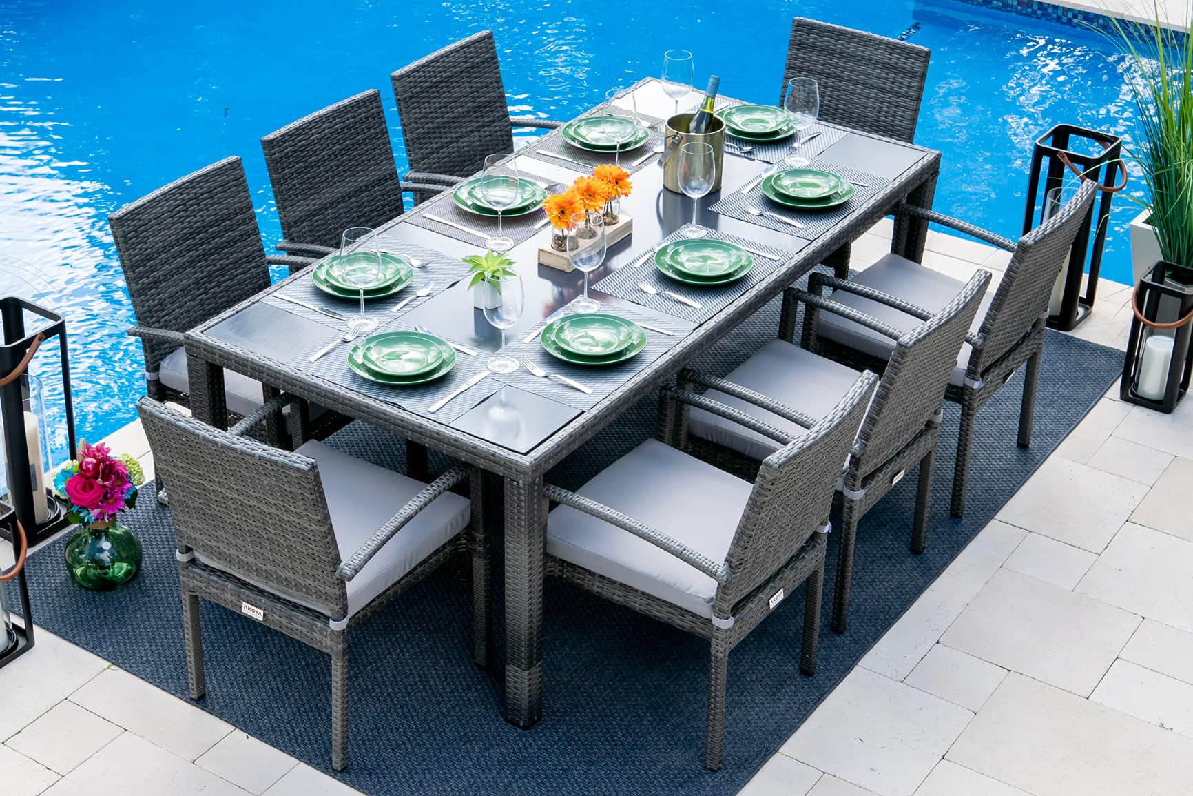Bari 16-Piece Outdoor Patio Furniture Set in Mixed Gray - Loveseat, 8-Seat Dining & Chaise Lounge | Durable Wicker Rattan Sofa Sectional for Backyard, Poolside & Garden Relaxation