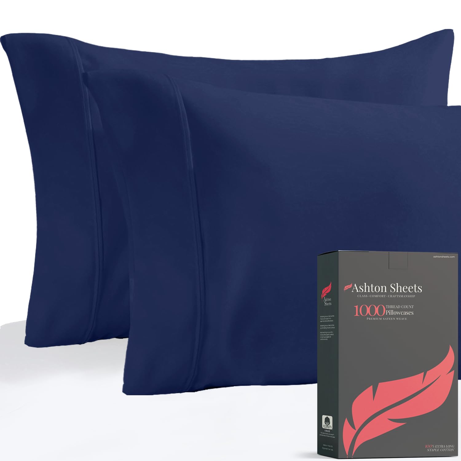 Luxury 1000 Thread Count Egyptian Cotton Pillowcases Set of 2 - Standard/Queen Size, Sateen Weave Cooling Pillow Covers for Hot Sleepers - Navy Blue - Perfect for Bedroom, Guest Room & Hotel Style Comfort