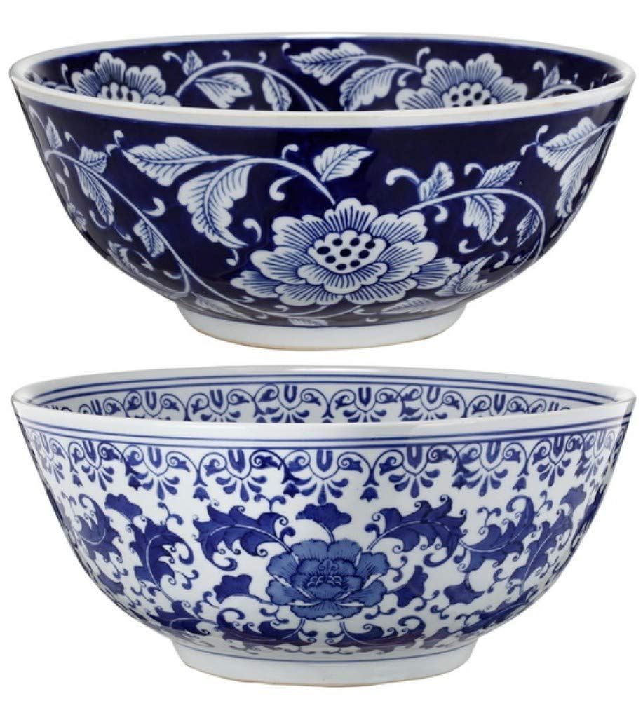 Benzara BM165651 7.1 x 16 x 16 Inch Ceramic Bowls Set of 2, Blue and White Handmade Pottery - Perfect for Serving Salads, Soup, or Decorative Display