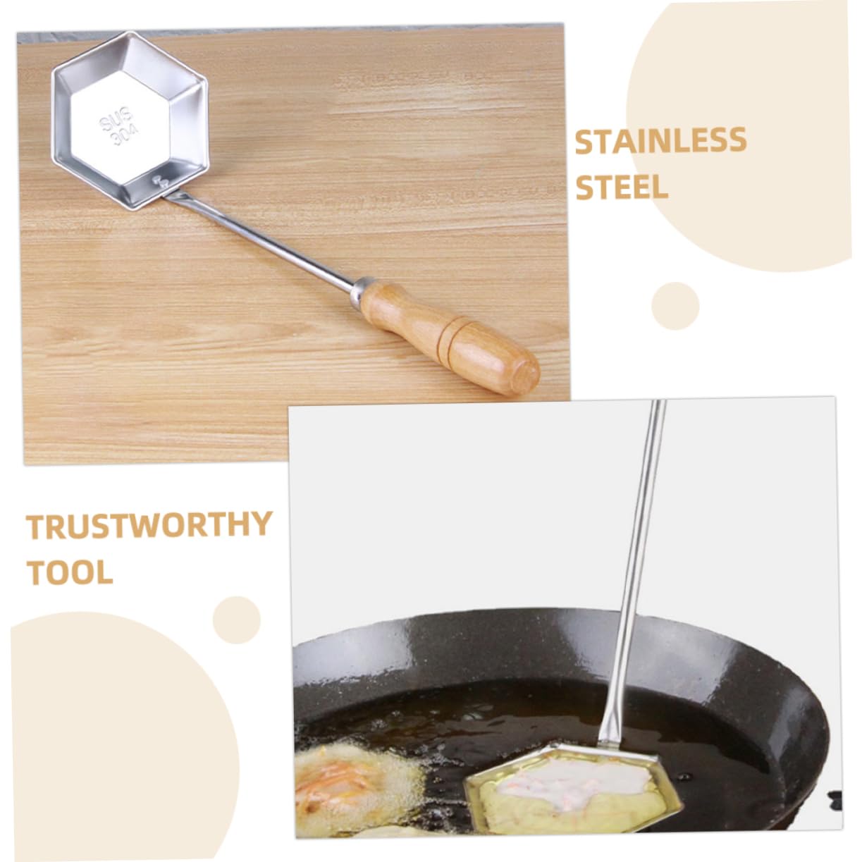 POPETPOP Stainless Steel Frying Spoon - Nonstick Flat Pancake & Pastry Turner with Wooden Handle - Perfect for Home & Restaurant Cooking - Ideal for Flipping Pancakes, Eggs & Burgers