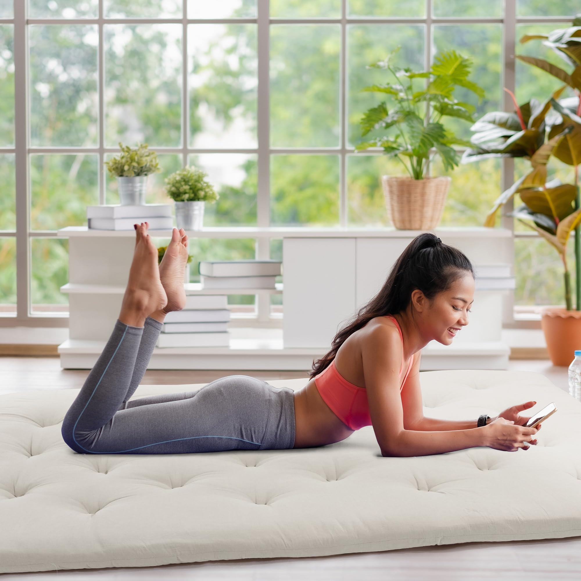 HOMBYS Japanese Floor Mattress Queen Size - Foldable Tatami Mat, 100% Cotton Shell Futon Mattress for Adults & Kids | Dormitory Sleeping Pad, Roll-Up Lounger Bed (80