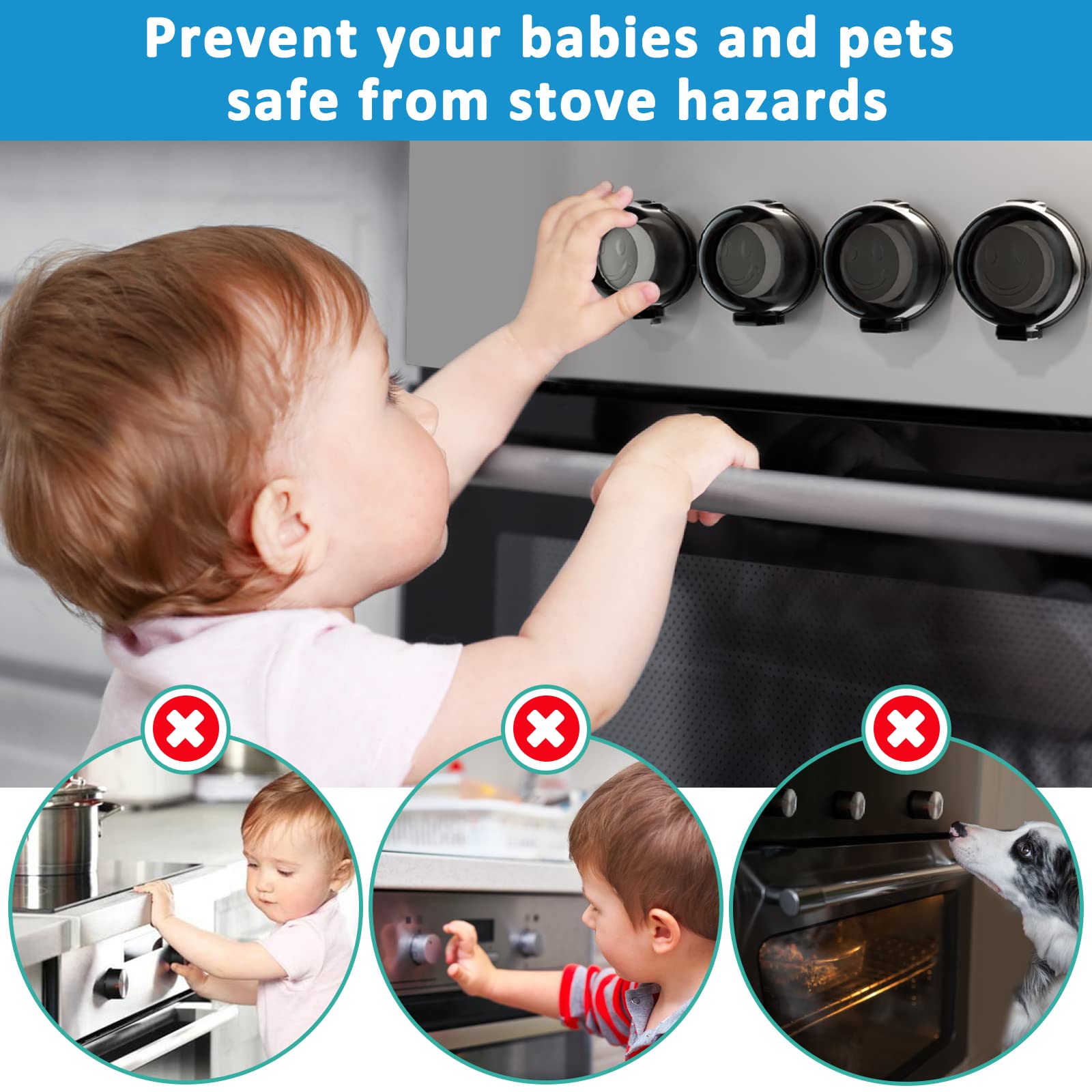 Child Safety Stove Knob Covers - 5 Pack Universal Baby Proofing Gas Oven Knob Protectors with Double-Key Lock Design | Prevent Toddler Burns & Accidents in Kitchen, Daycare or Restaurant